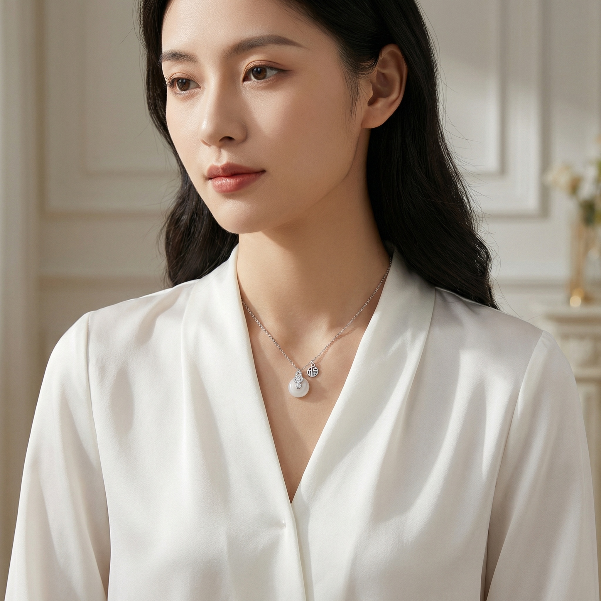 925 Sterling Silver Elegant Silver White Jade Gourd Pendant Necklace with Fortune Charm 