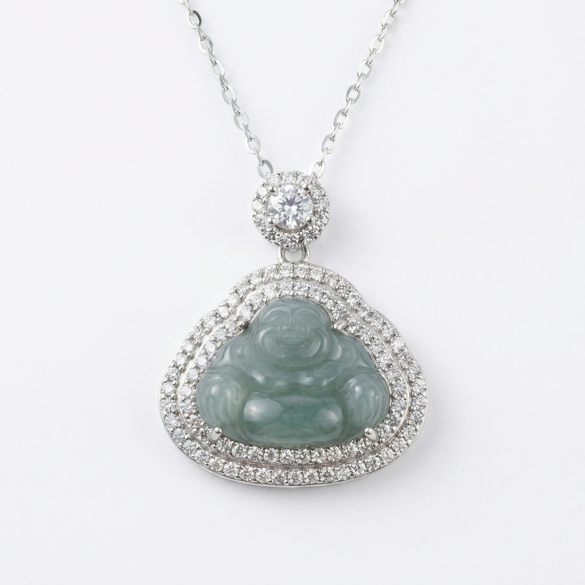 925 Sterling Silver Elegant Silver Laughing Buddha Green Jade Pendant Necklace with Sparkling Accents 