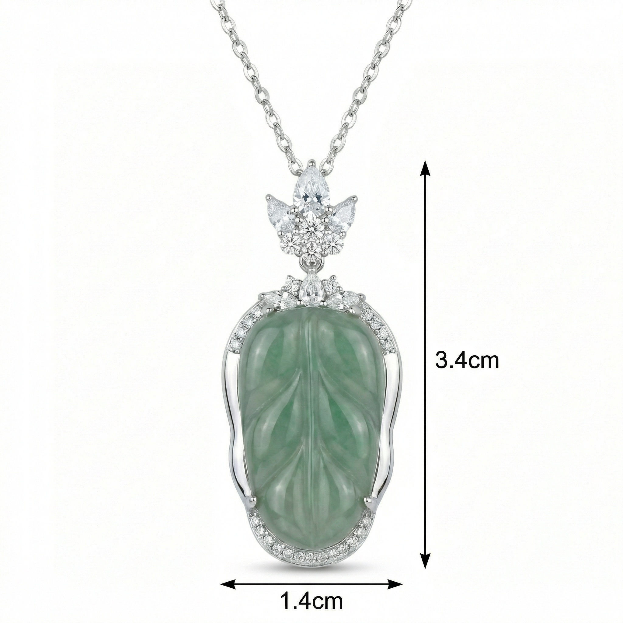 925 Sterling Silver Elegant Green Jadeite Leaf Pendant with Shimmering Diamond Accents on a Sleek White Chain