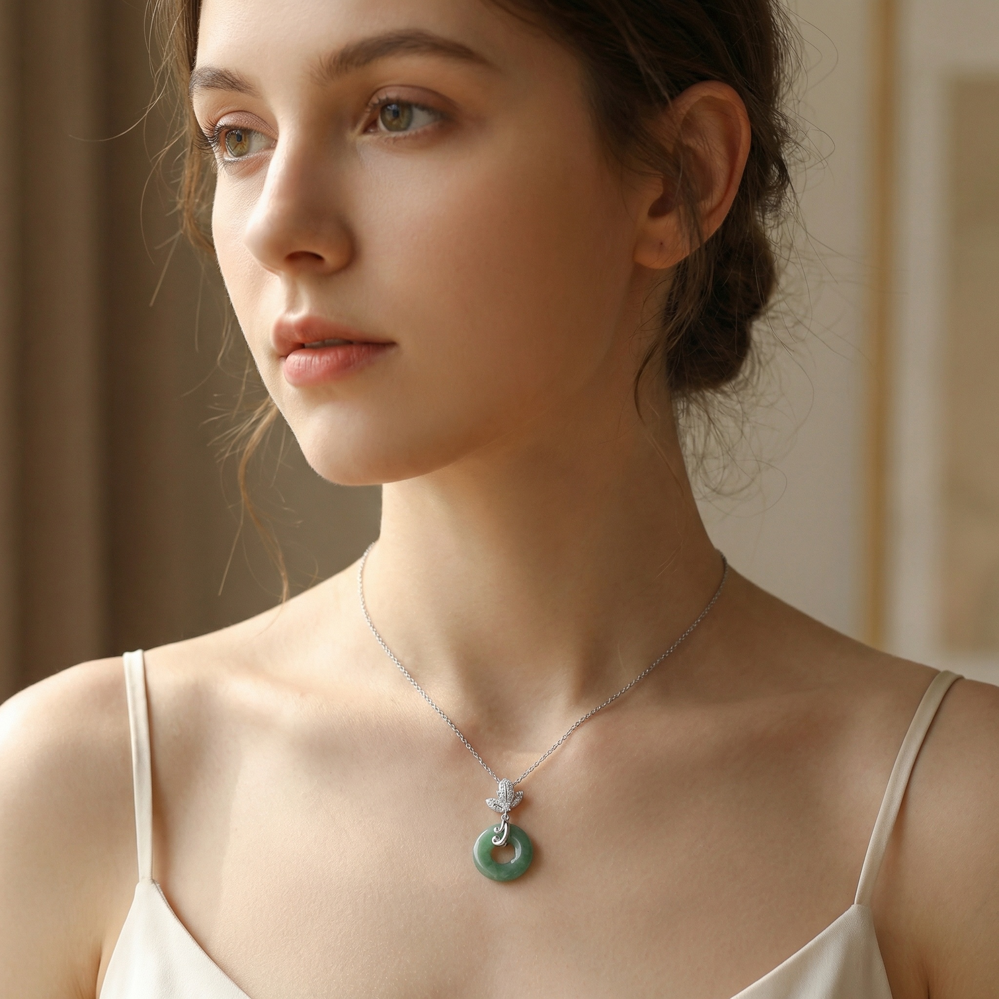 925 Sterling Silver Elegant Green Jade Donut Pendant Necklace with Sparkling Floral Bale and Silver Chain 