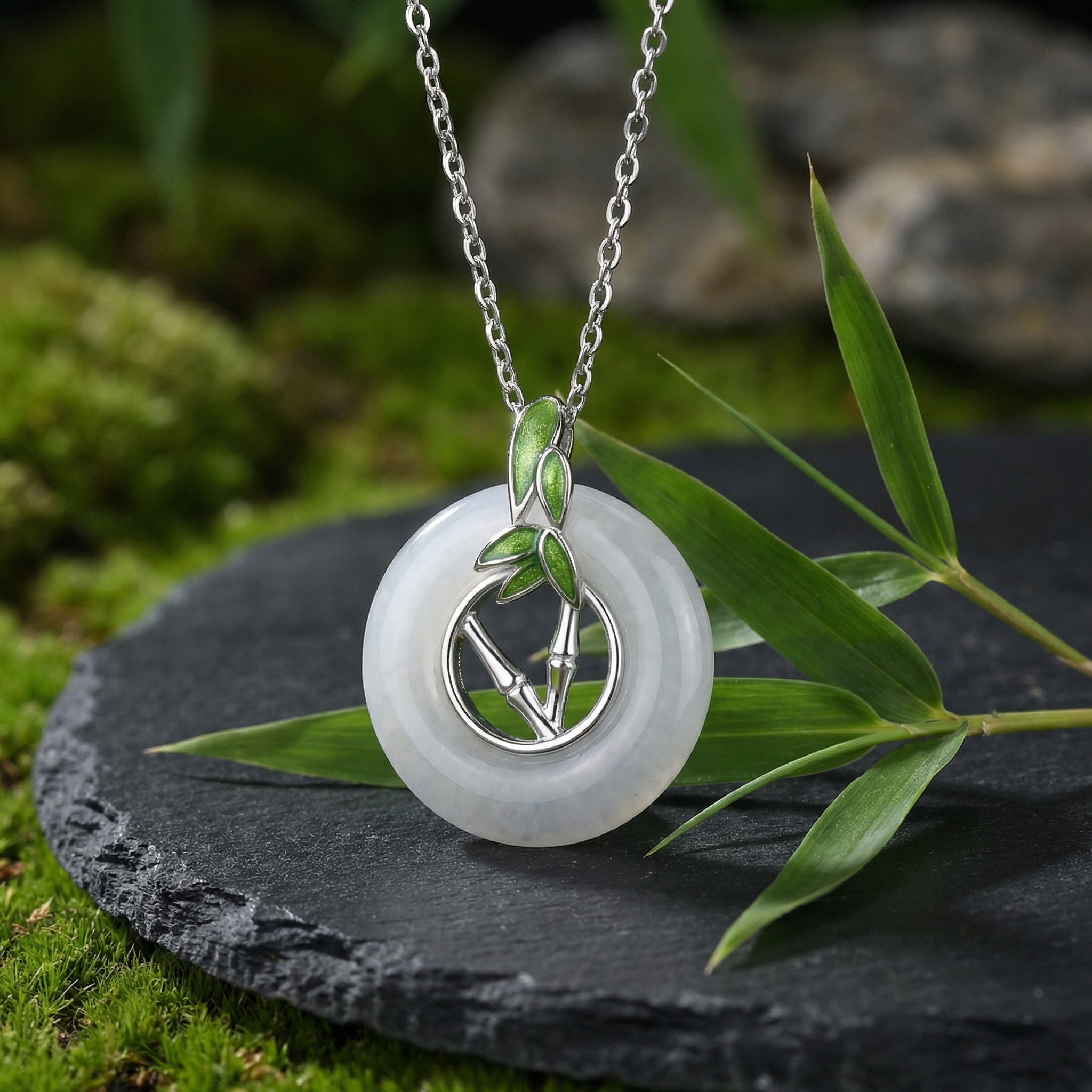 925 Sterling Silver Elegant White Jade Donut Pendant Necklace with Silver Bamboo and Green Enamel Accents 
