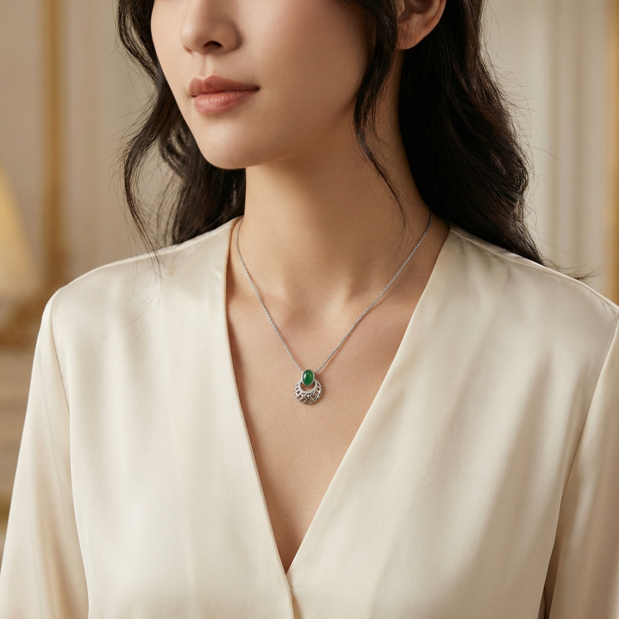 925 Sterling Silver Elegant Green Jadeite Cabochon Pendant with Diamond Pavé Accents and Intricate Openwork Design