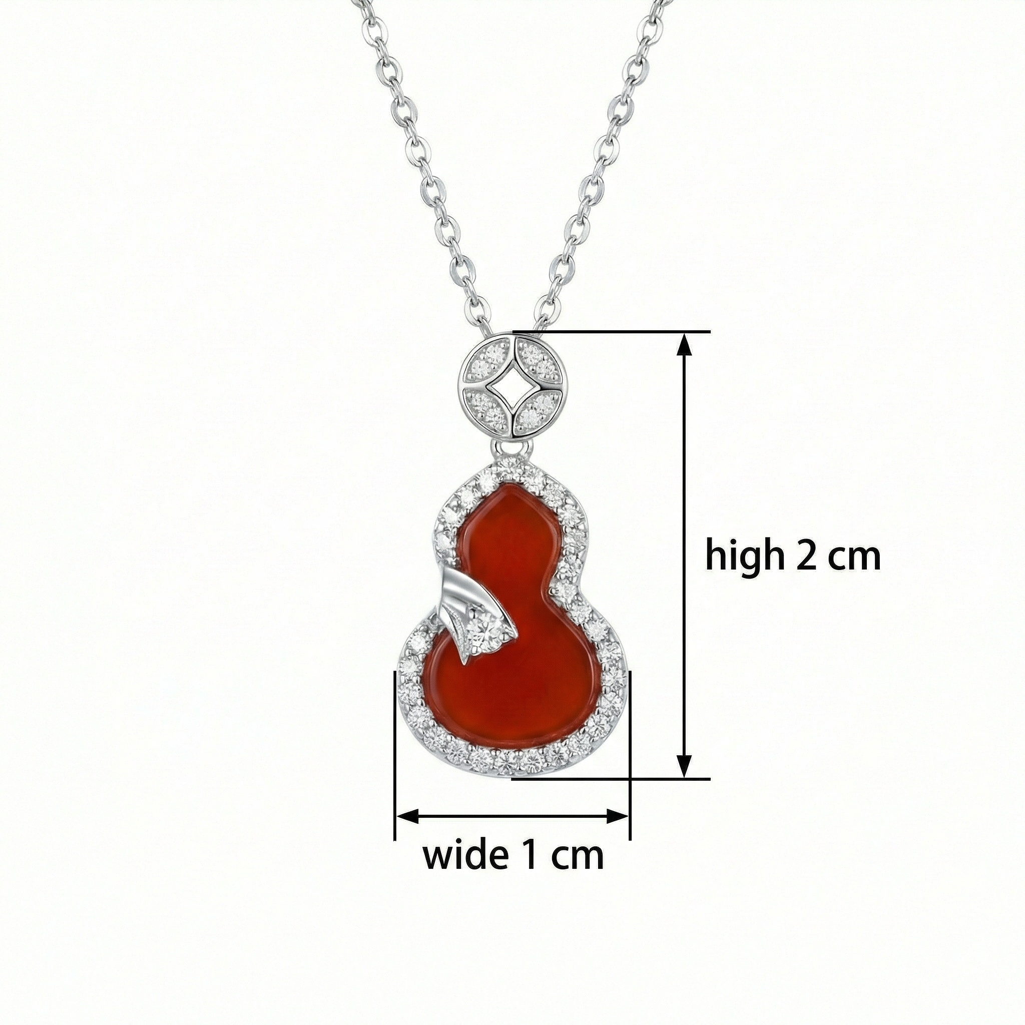 925 Sterling Silver Elegant Red Carnelian Hulu Gourd Pendant Necklace with Sparkling Zirconia Accents 