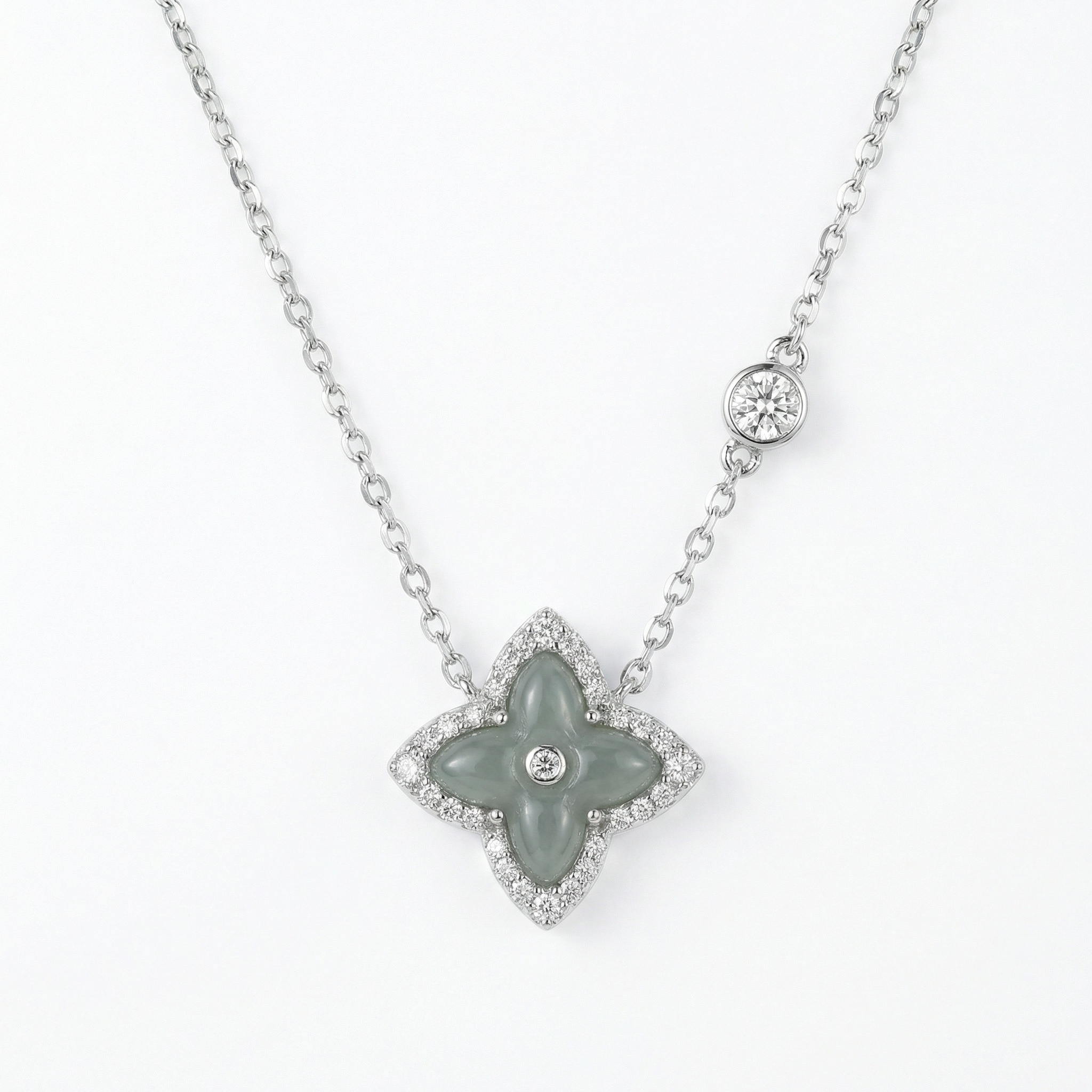 925 Sterling Silver Elegant Quatrefoil Grey Jade and Diamond Halo Pendant Necklace with Bezel-Set Station 