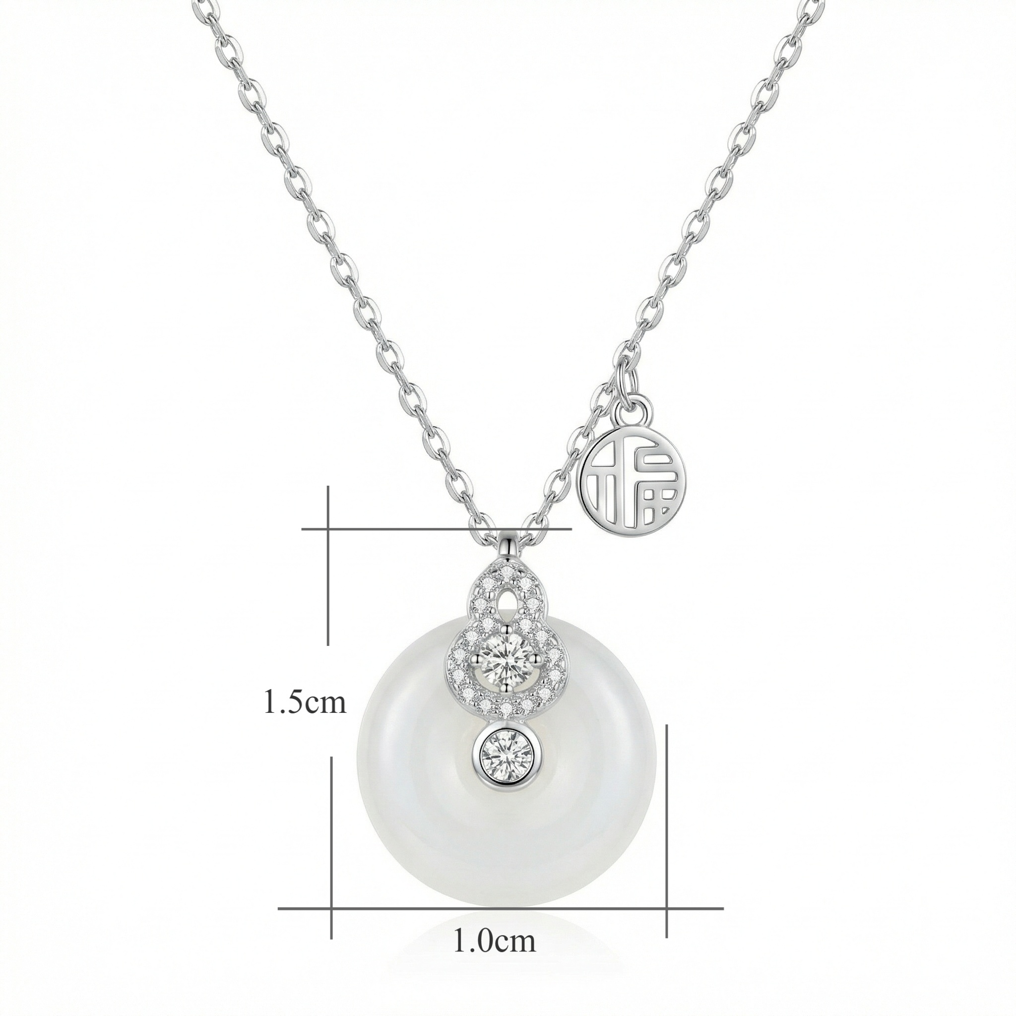 925 Sterling Silver Elegant Silver White Jade Gourd Pendant Necklace with Fortune Charm 