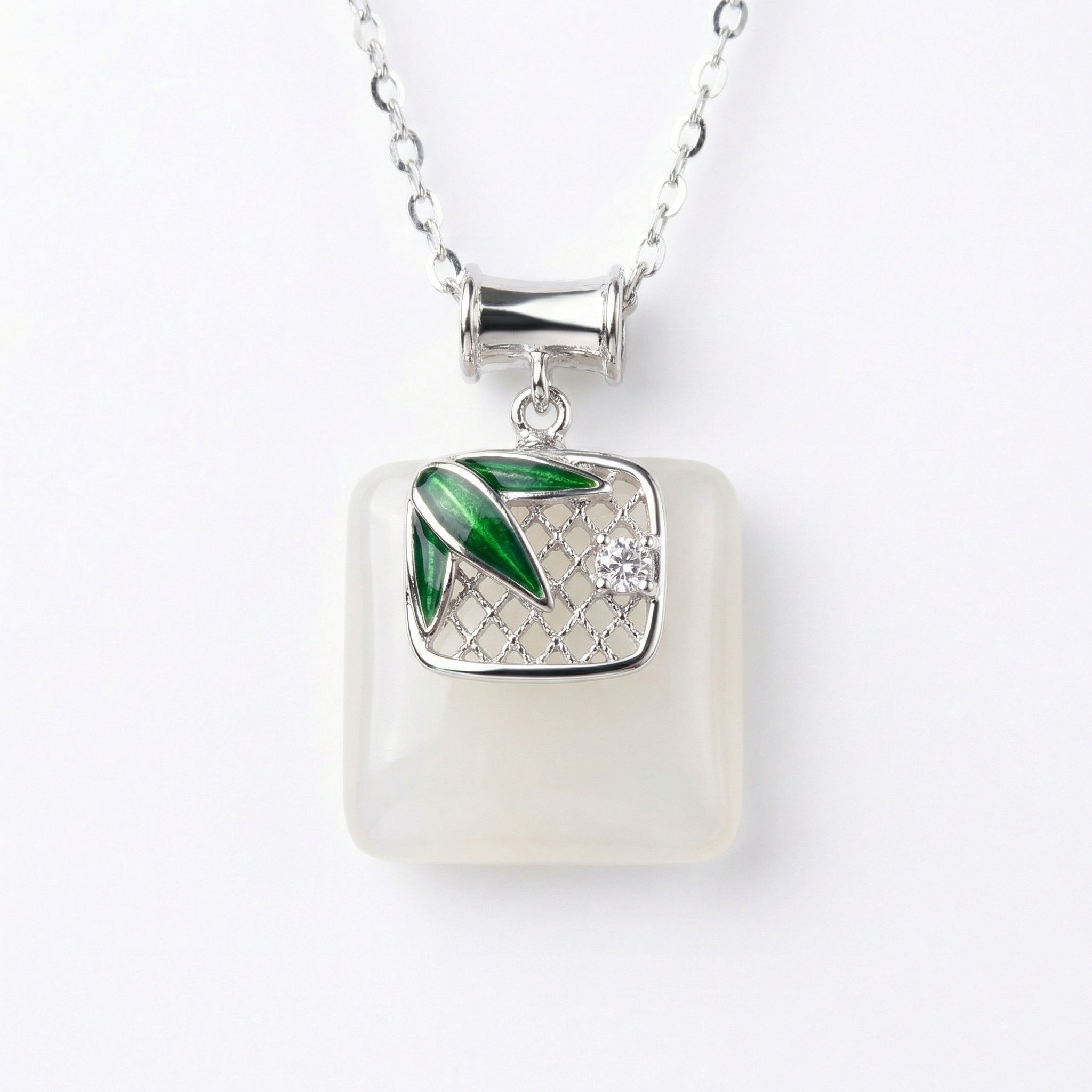 925 Sterling Silver Elegant Silver Bamboo Pendant with Square White Gemstone and Sparkling Accent