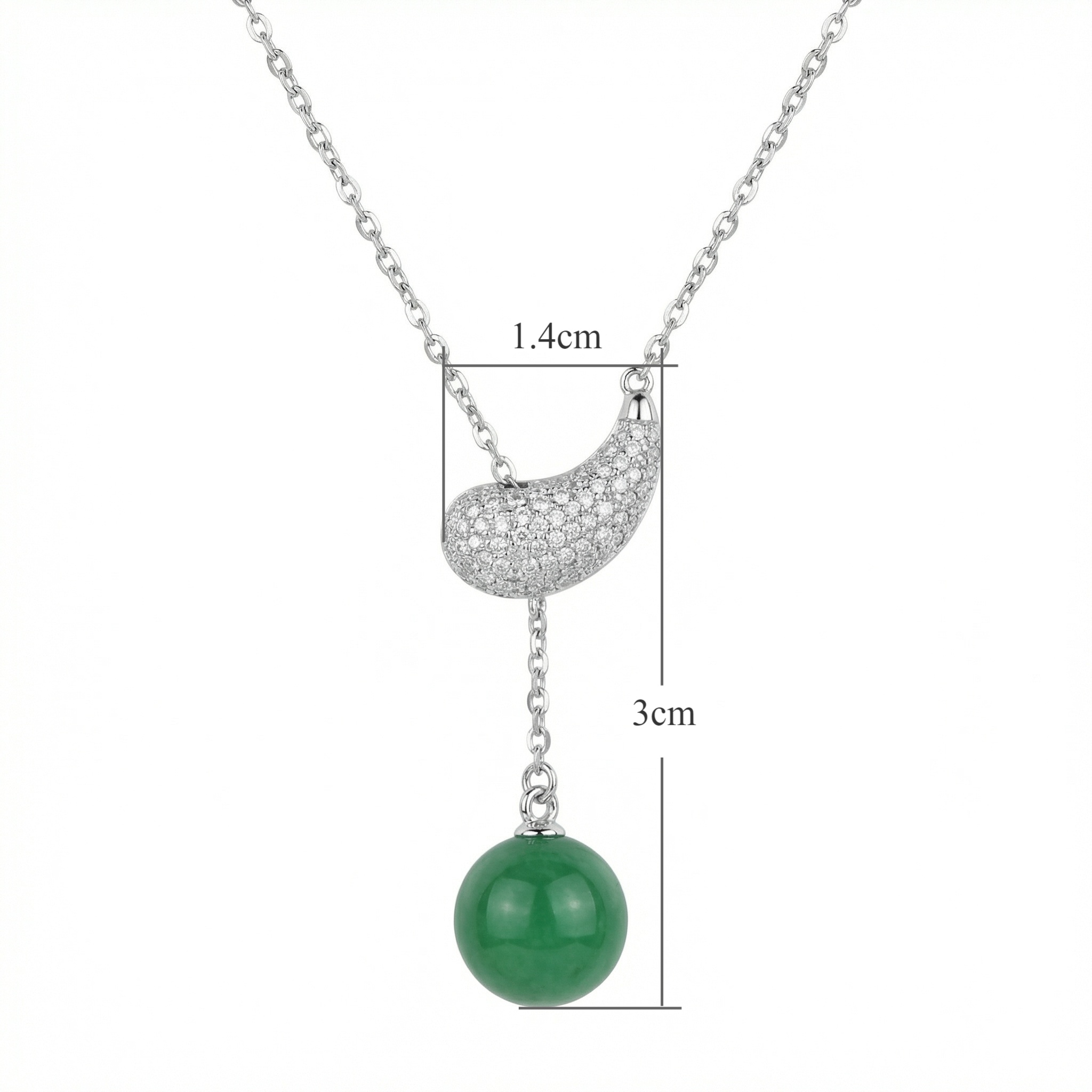 925 Sterling Silver Elegant Pave-Set Bean and Green Gemstone Round Bead Drop Pendant Necklace in Silver Tone