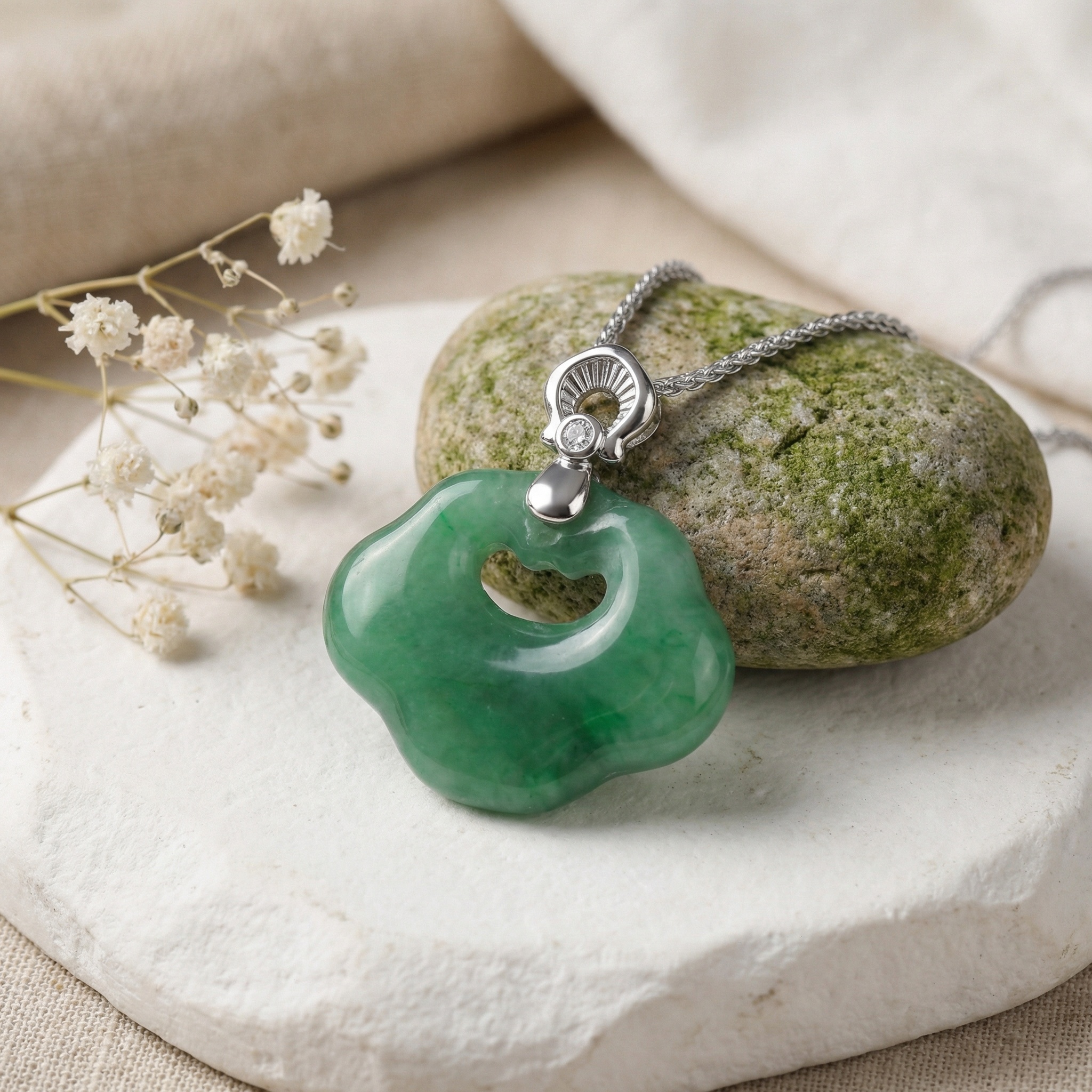 925 Sterling Silver Elegant Green Jade Longevity Lock Pendant Necklace with Sparkling Diamond Accent