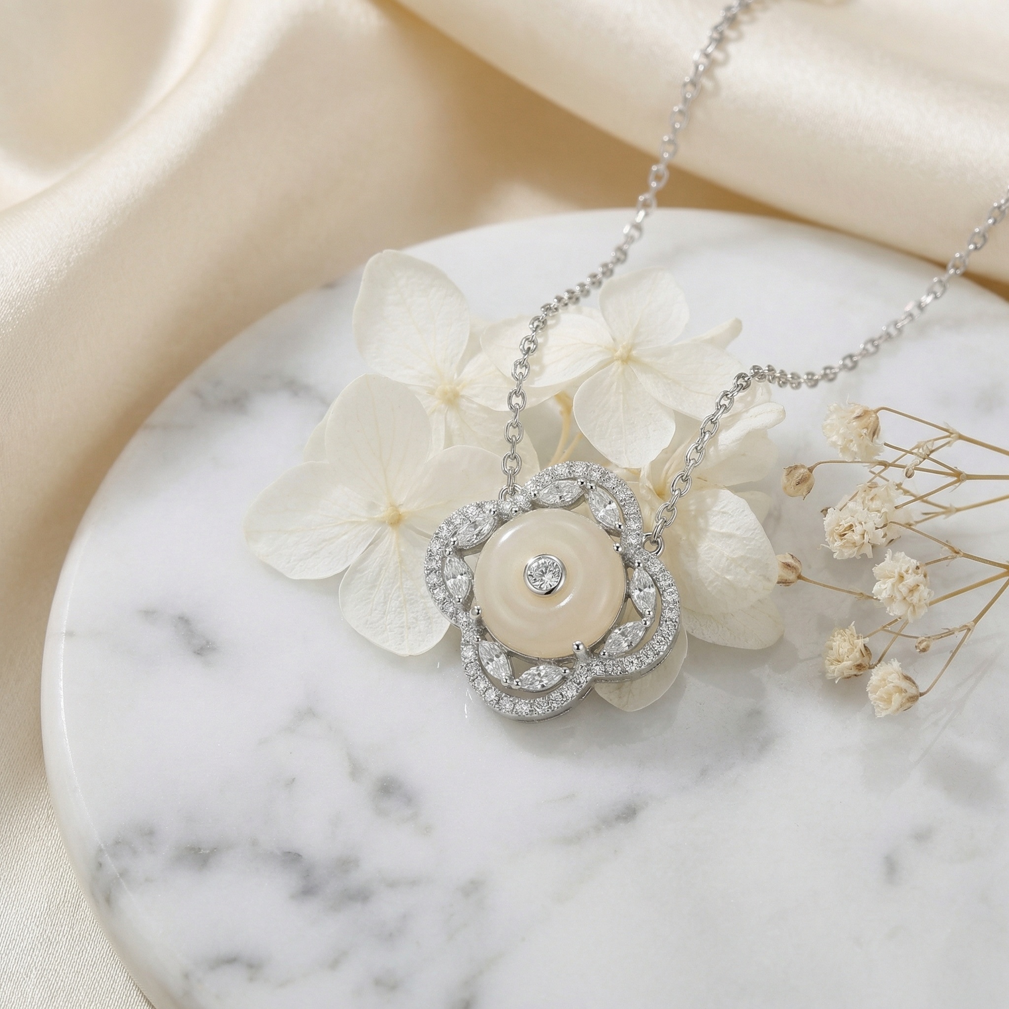 925 Sterling Silver Elegant Quatrefoil Floral Pendant Necklace with Shimmering Stones and Creamy Gemstone Center