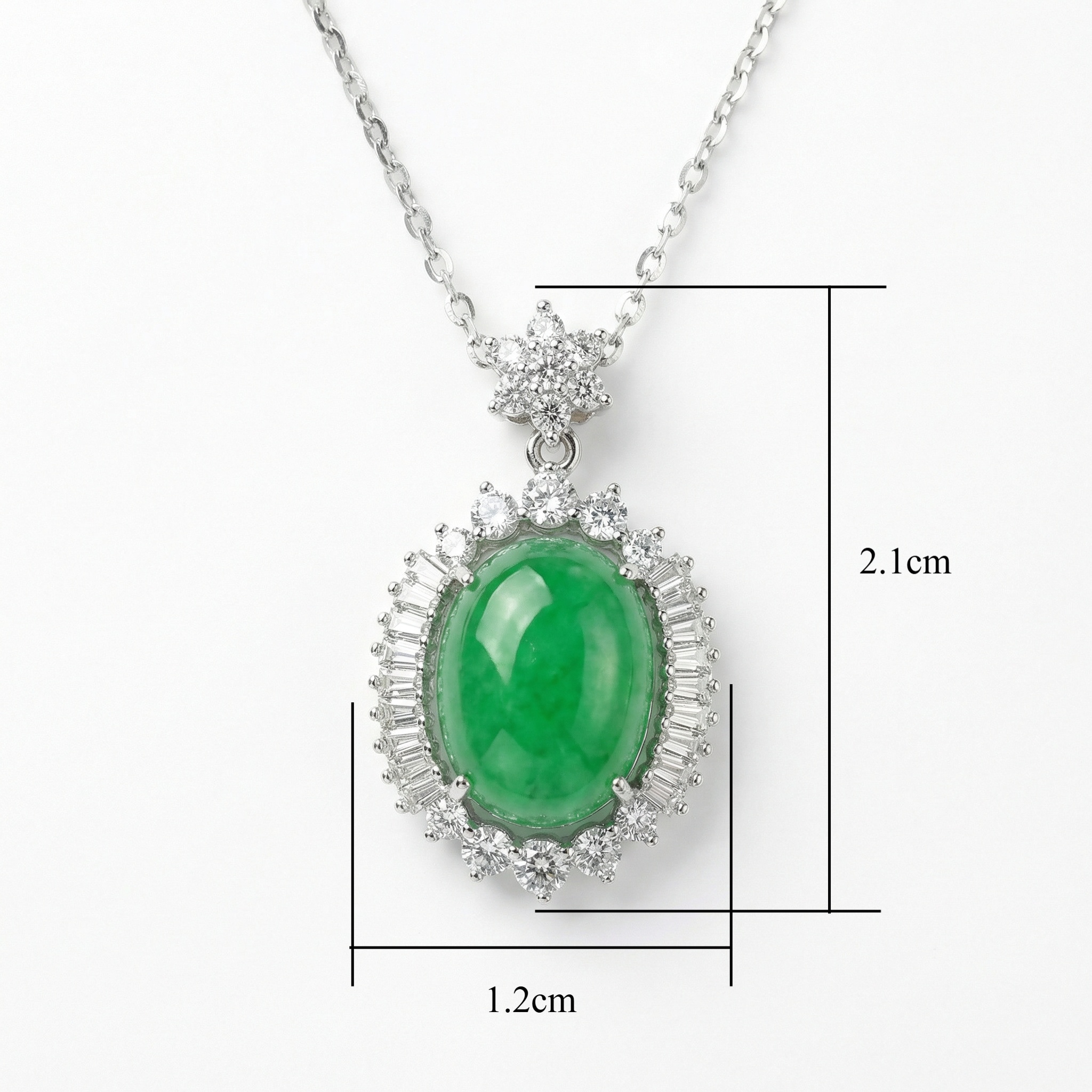 925 Sterling Silver Elegant Oval Green Jadeite Pendant Necklace with Sparkling Diamond Halo and Floral Bail 