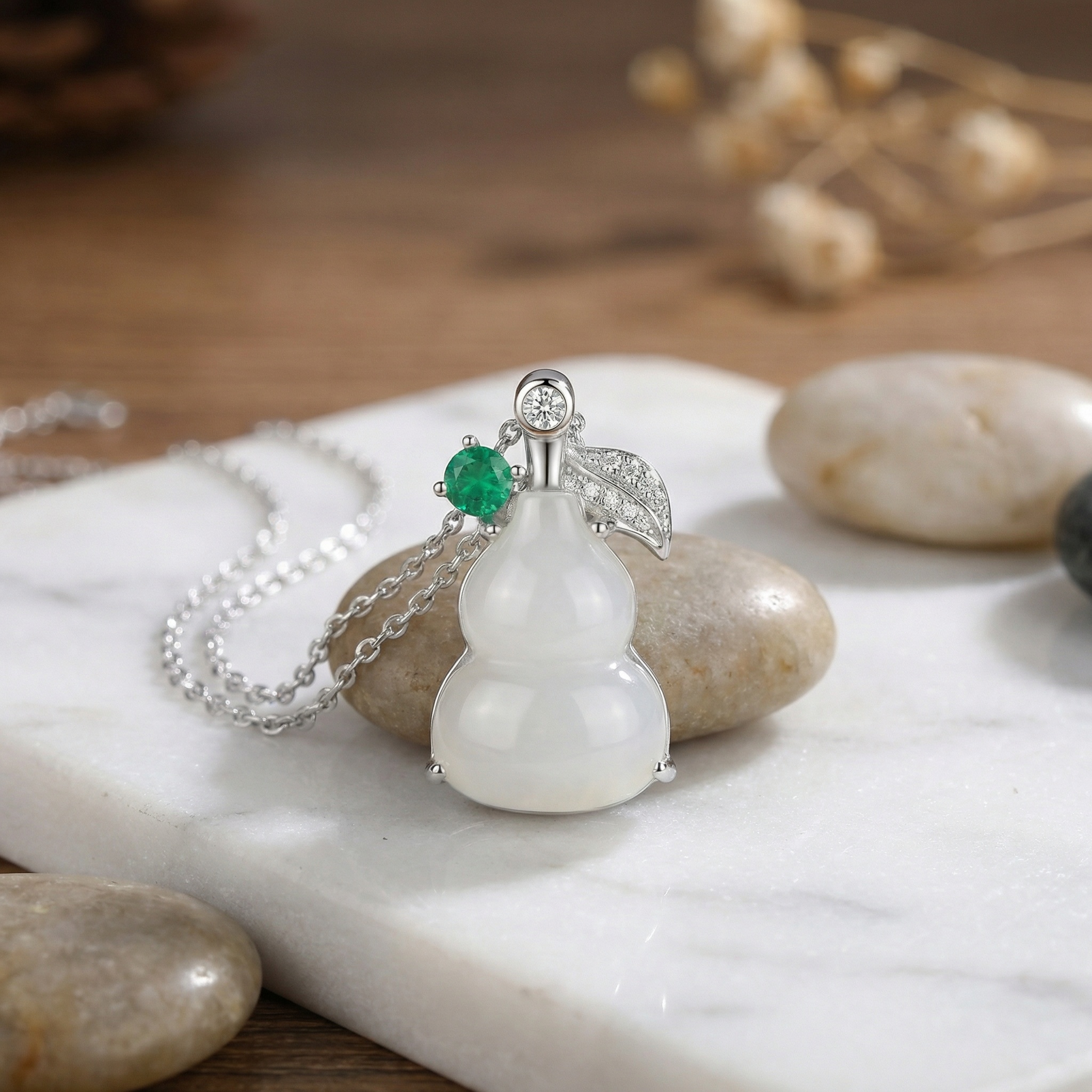 925 Sterling Silver Elegant Translucent White Hulu Pendant Necklace with Emerald and Diamond Accents