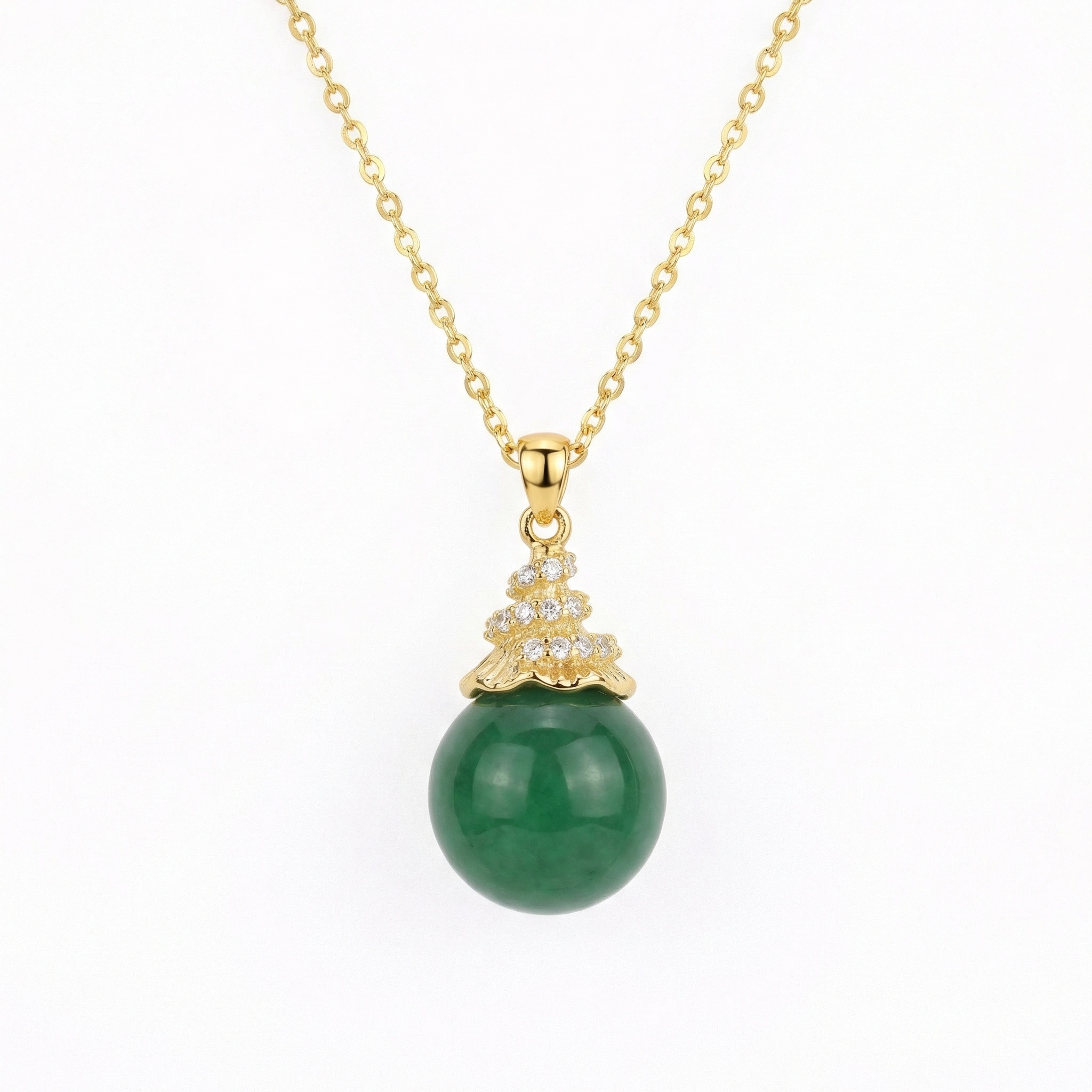 925 Sterling Silver Elegant Round Green Jade Pendant Necklace with Sparkling Accents on a Delicate Chain 