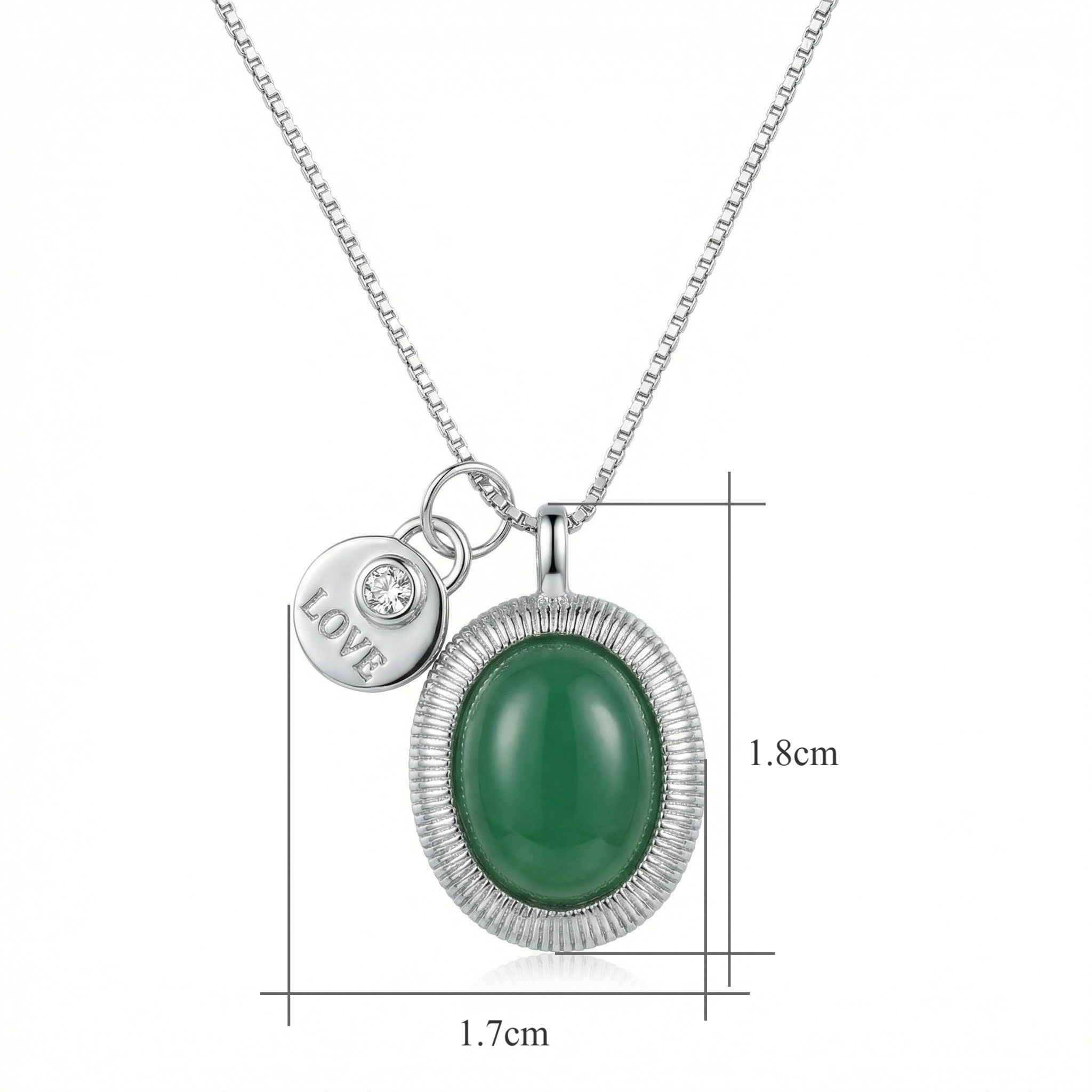 925 Sterling Silver Elegant Oval Green Gemstone Pendant Necklace with Silver "LOVE" Charm and Sparkling Crystal