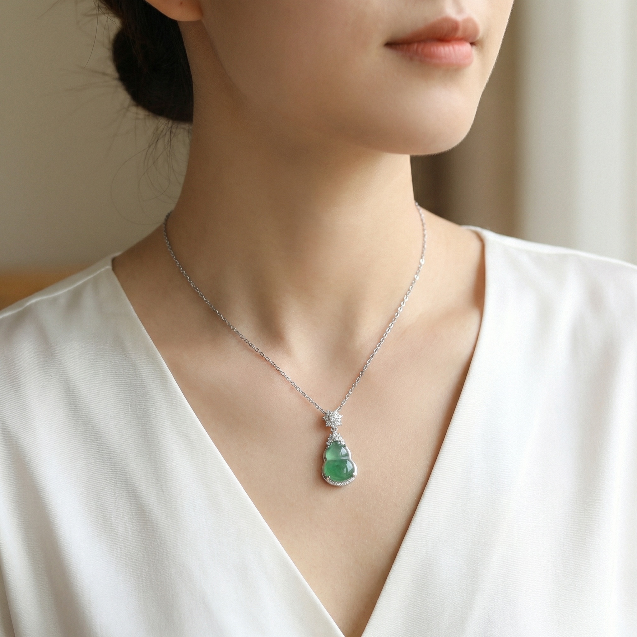 925 Sterling Silver Elegant Emerald Green Jadeite Hulu Pendant Necklace with Brilliant Diamond Accents