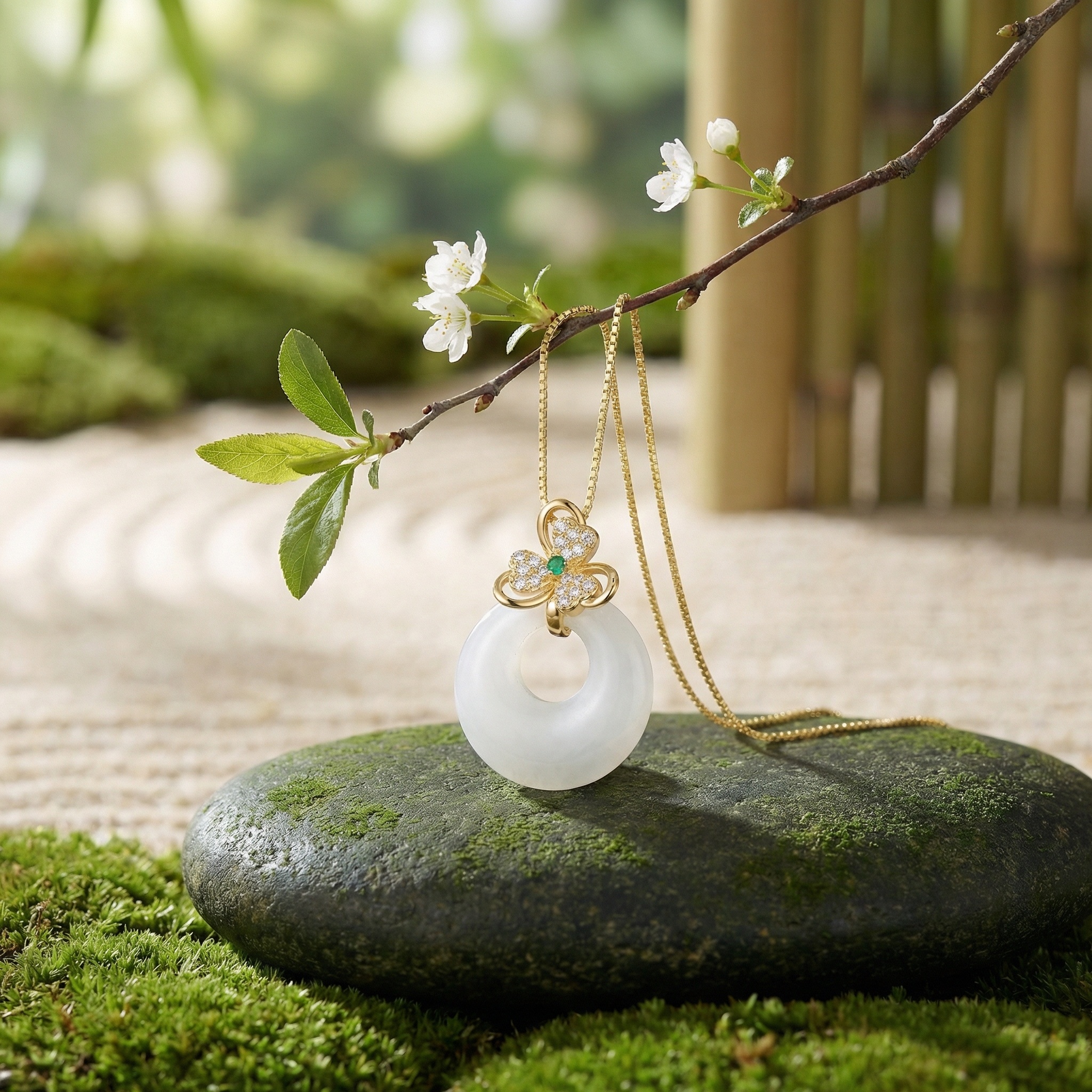 925 Sterling Silver Radiant White Nephrite Circular Pendant Necklace Featuring a Brilliant Floral Motif and Emerald Centerpiece 