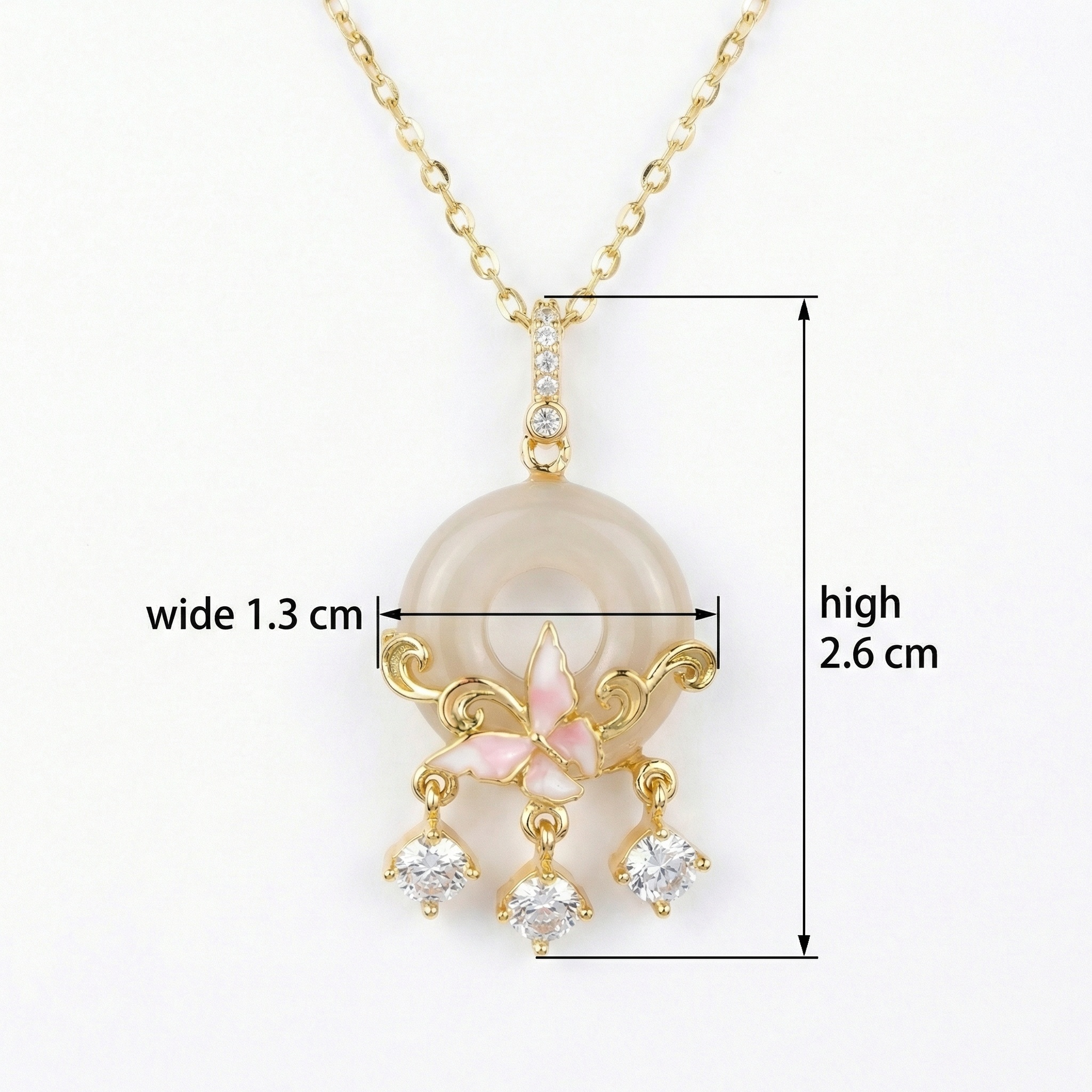 925 Sterling Silver Elegant Butterfly Circular Gemstone Pendant Necklace with Shimmering Accents and Pink Enamel Detailing 