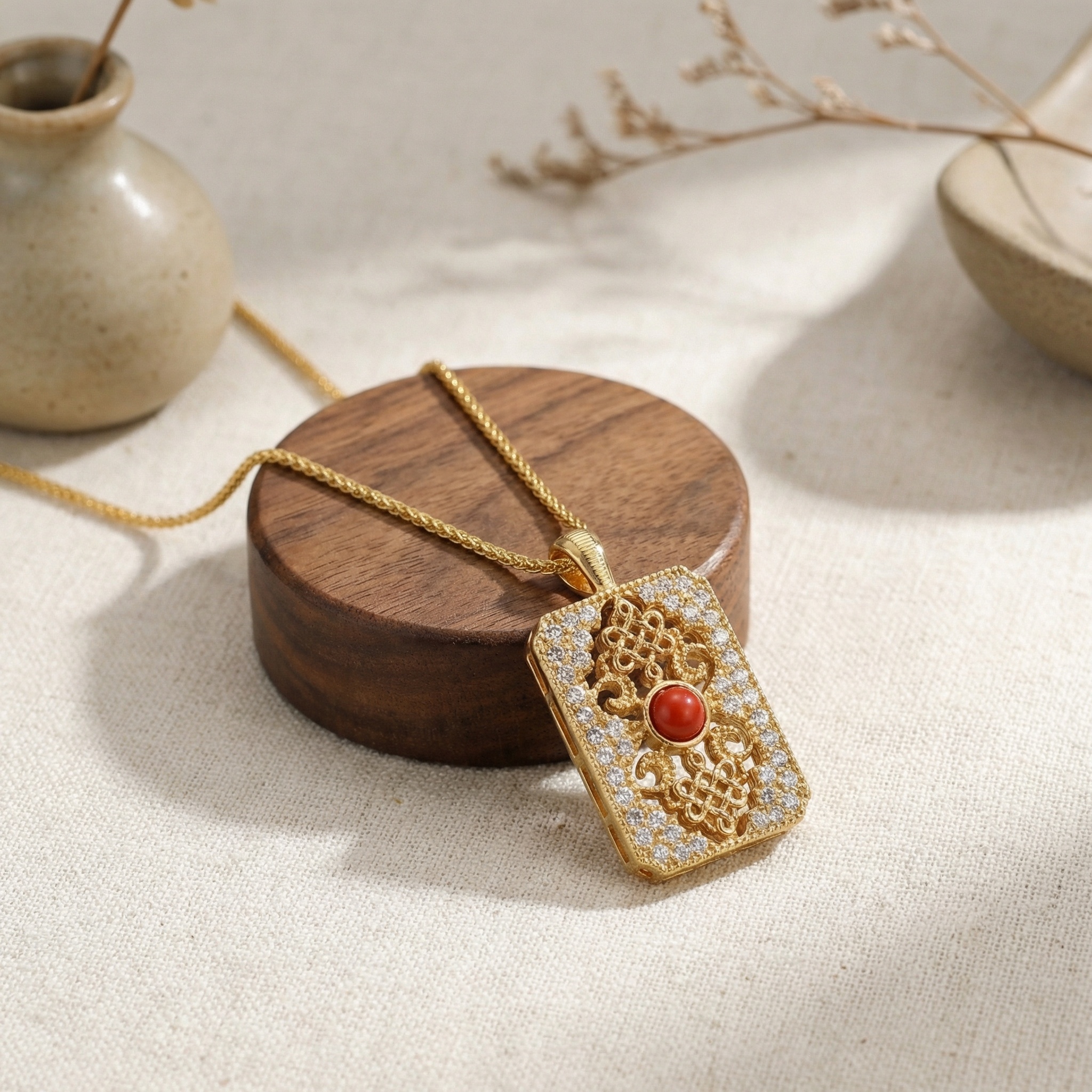 925 Sterling Silver Ornate Rectangular Filigree Pendant Necklace with Central Red Gemstone and Shimmering Accents 