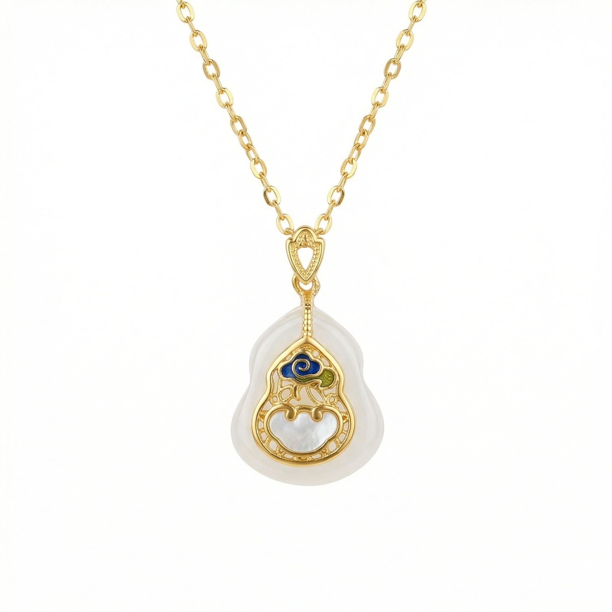 925 Sterling Silver Elegant Hulu Pendant Necklace Featuring Enamel Ruyi Cloud and Shimmering White Gemstone 