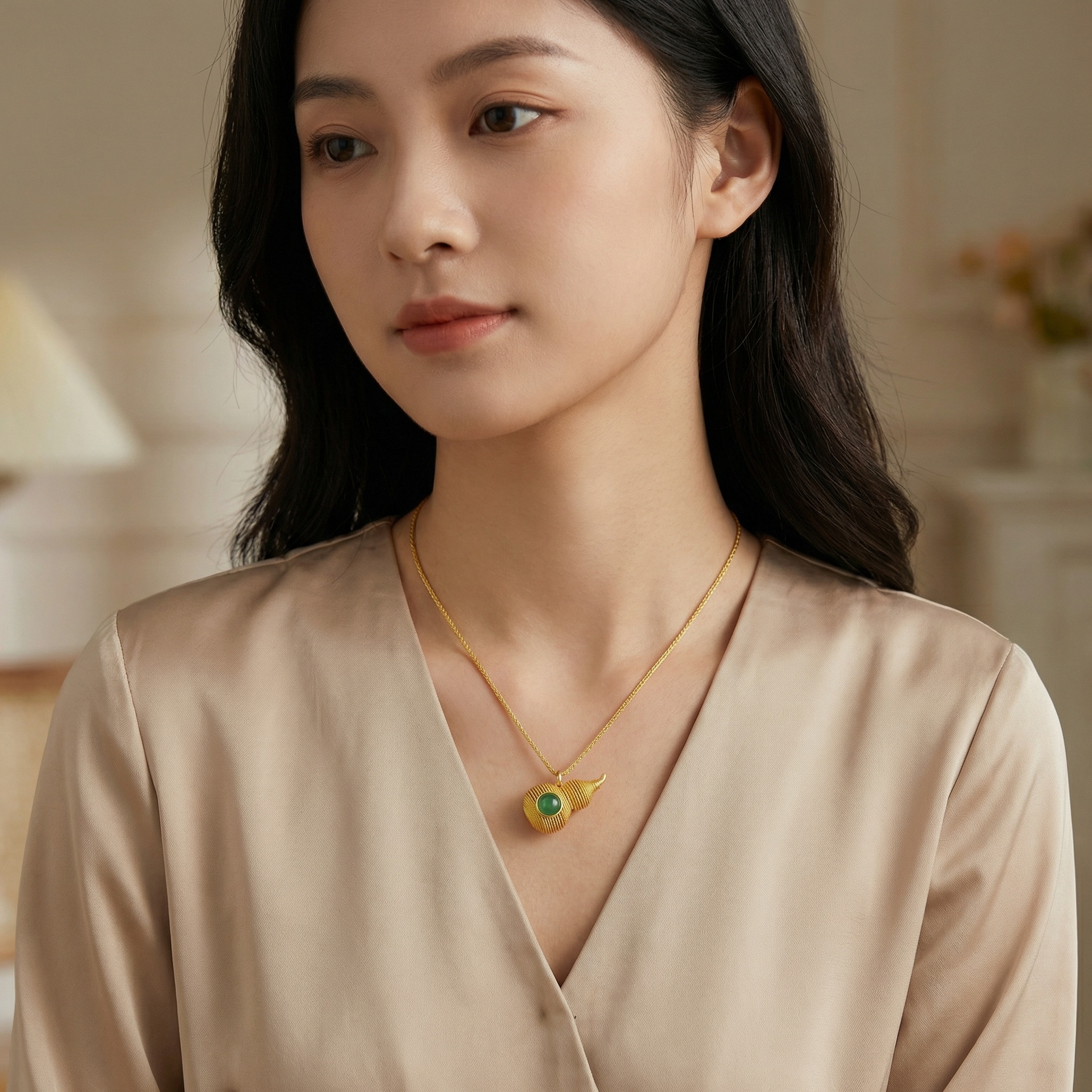 925 Sterling Silver Elegant Green Gemstone Gourd Pendant Necklace with Intricate Coiled Metallic Design 