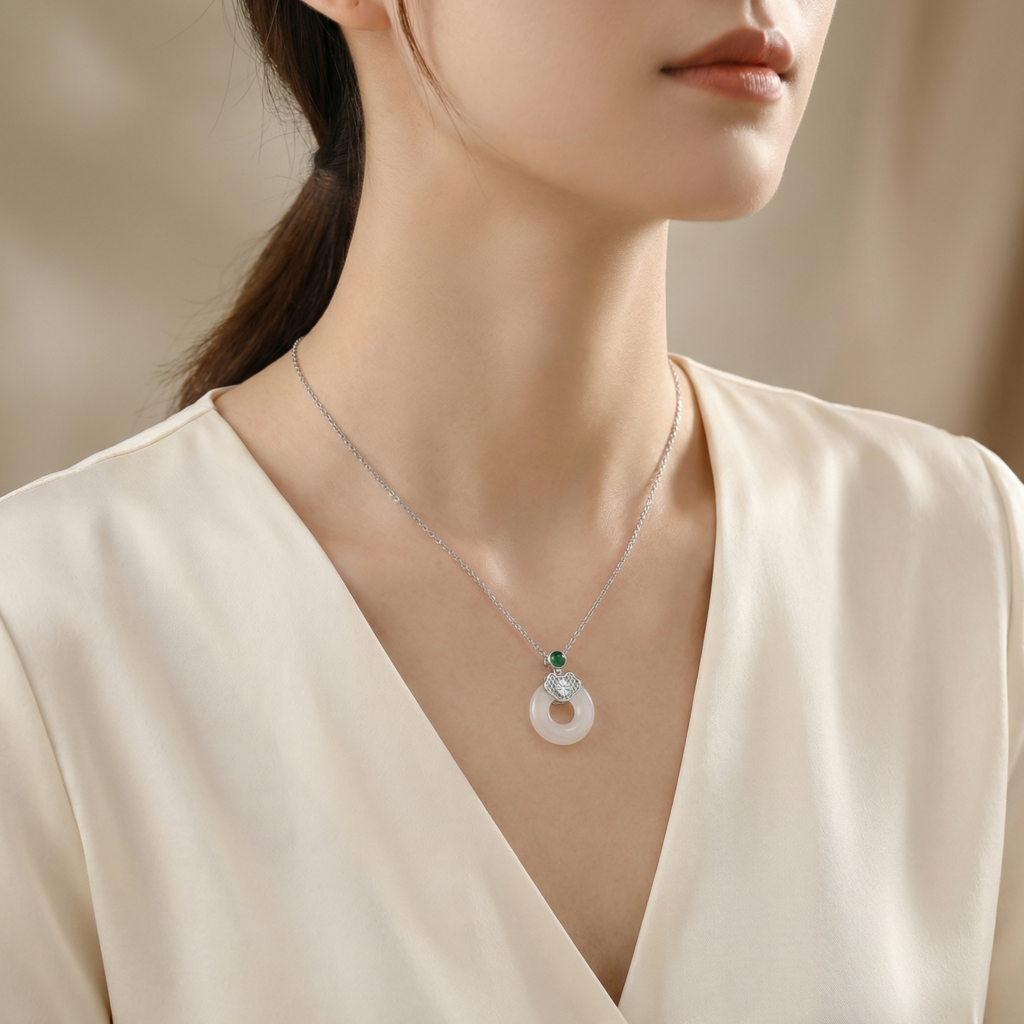 925 Sterling Silver Elegant White Jade Donut Pendant Necklace with Green Gemstone and Filigree Silver Accents