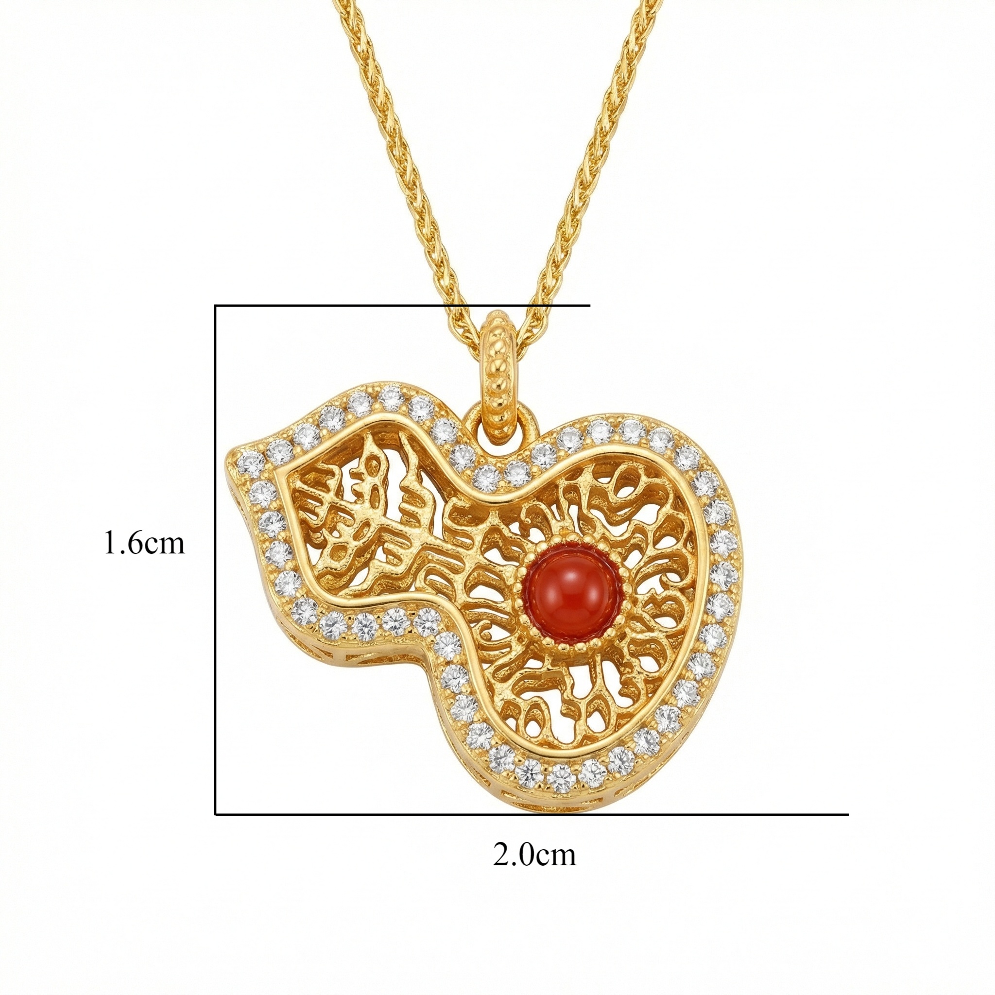 925 Sterling Silver Intricate Filigree Hulu Pendant Necklace with Vibrant Red Stone and Shimmering Crystal Accents 