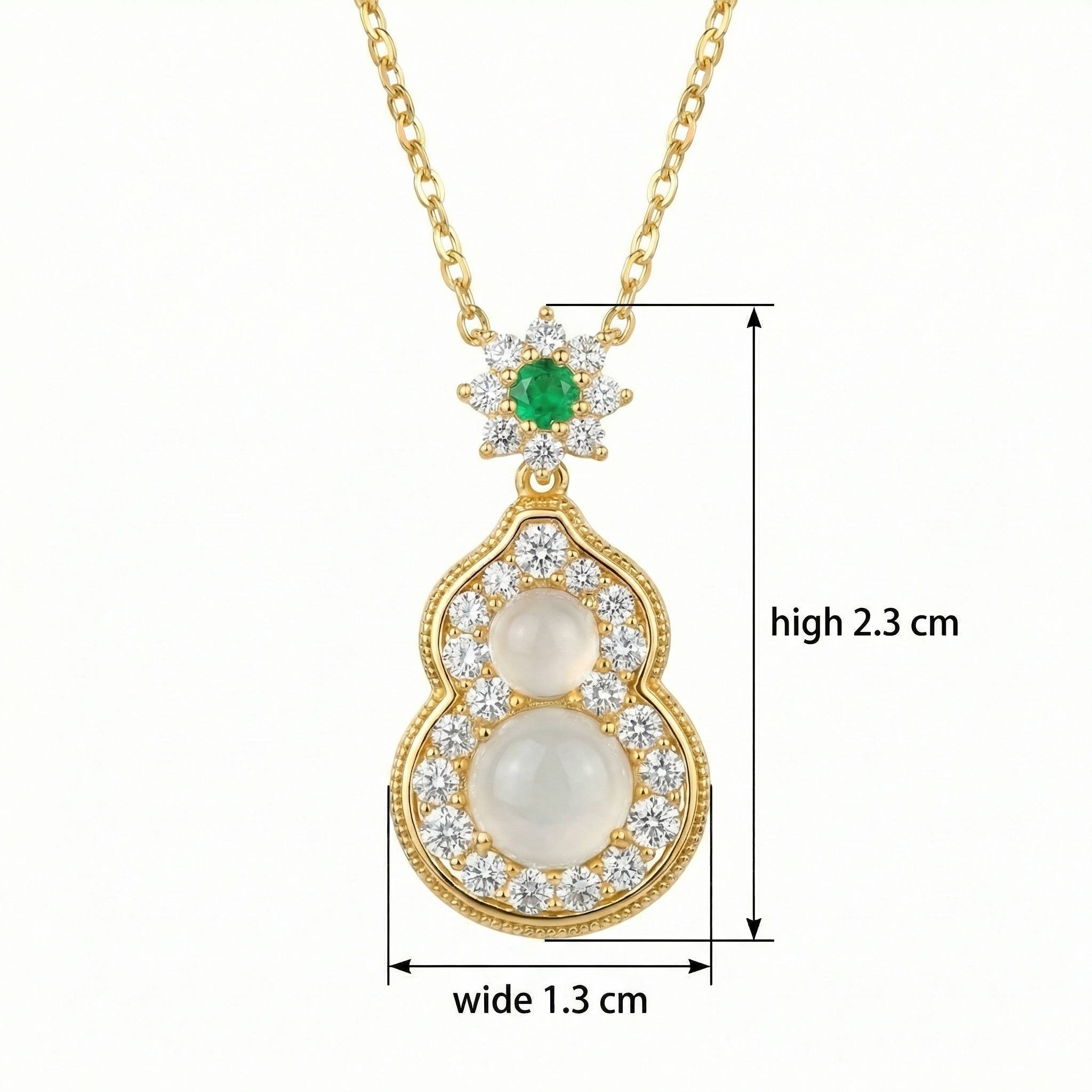 925 Sterling Silver Elegant Moonstone and Emerald Gourd Pendant Necklace with Brilliant Diamond Accents 