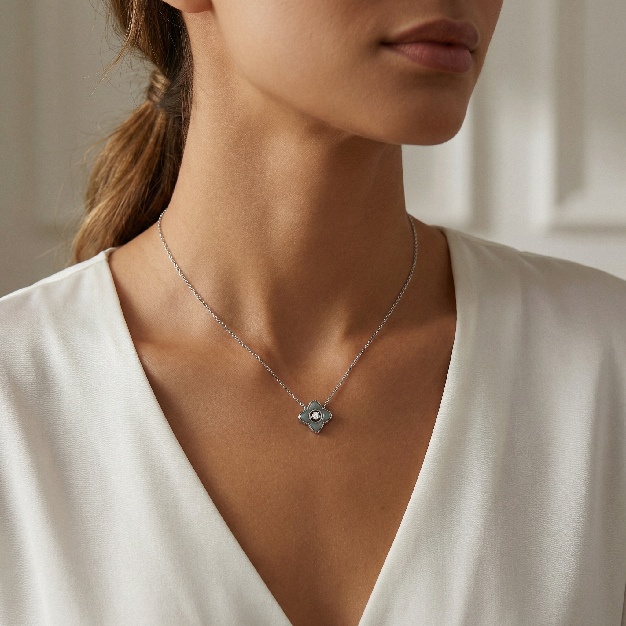 925 Sterling Silver Elegant Floral Pendant Necklace with Grey Inlay and Floating Diamond Centerpiece