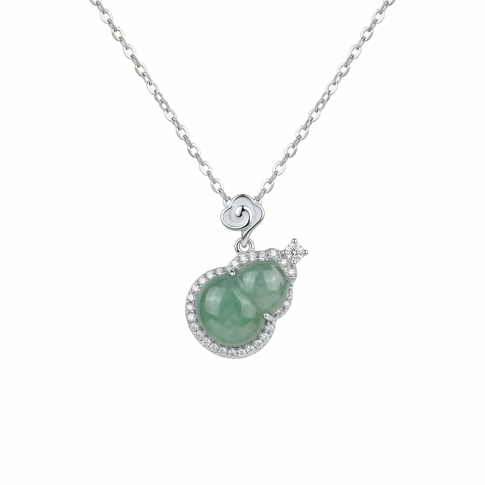 925 Sterling Silver Elegant Green Jadeite Hulu Gourd Pendant Necklace with Diamond Accents and Auspicious Cloud Motif 