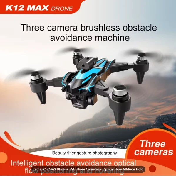 K12MAX Quadcopter Professional Drone, With ESC, Three Cameras, APP Image Transmission, Optical Flow Altitude Stabilization, One-click Takeoff And Landing, Brushless Motor, 360-degree Special Effect Re