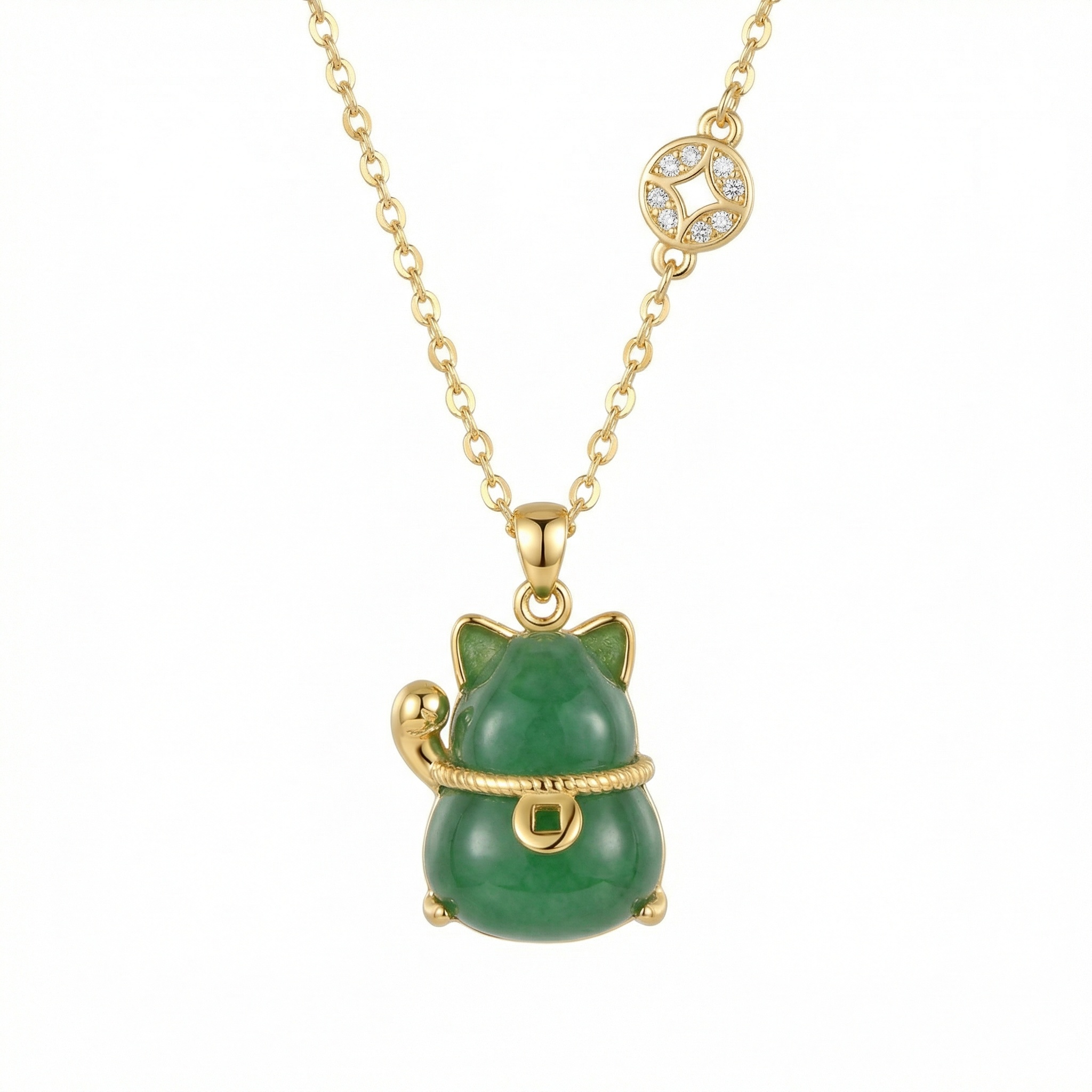 Sterling Silver Jadeite Lucky Cat Necklace