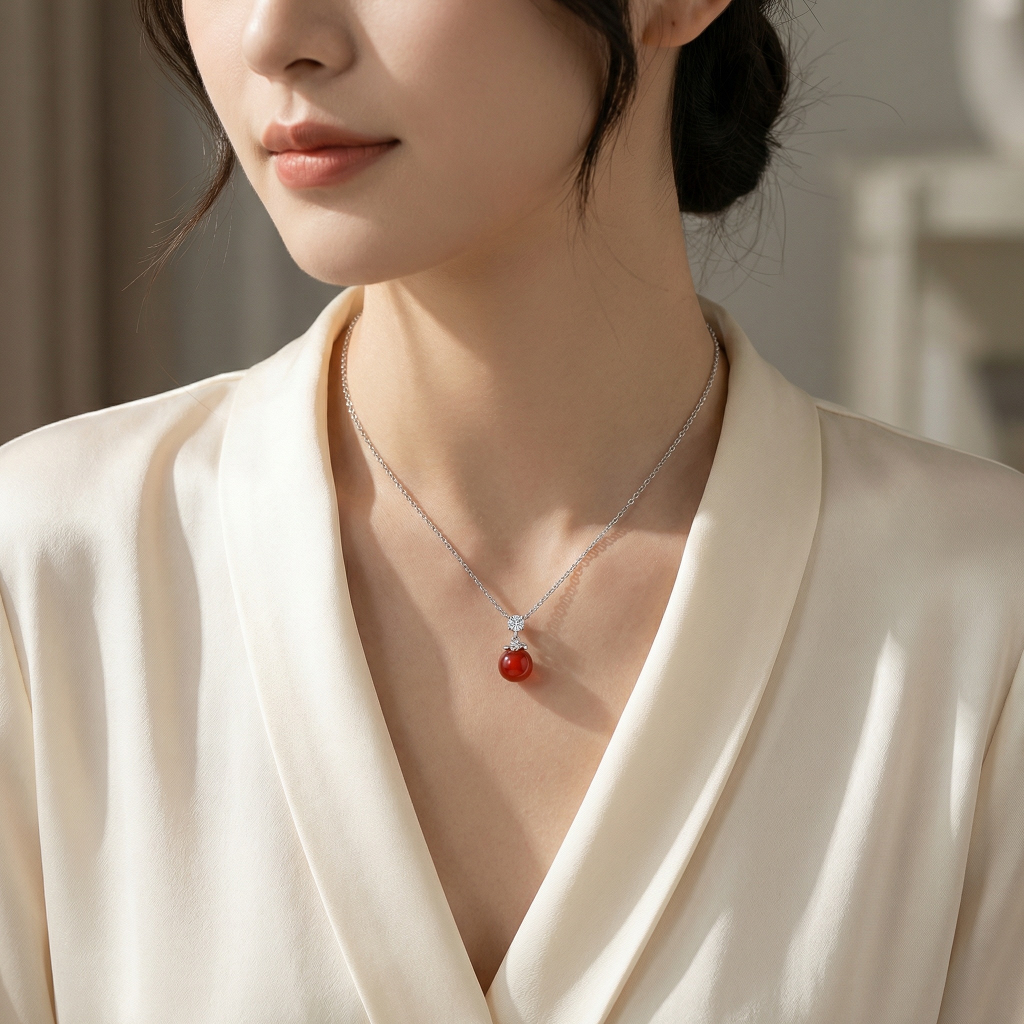 925 Sterling Silver Elegant Sterling Silver Pendant Necklace Featuring a Vibrant Red Agate and Sparkling Diamond Accent