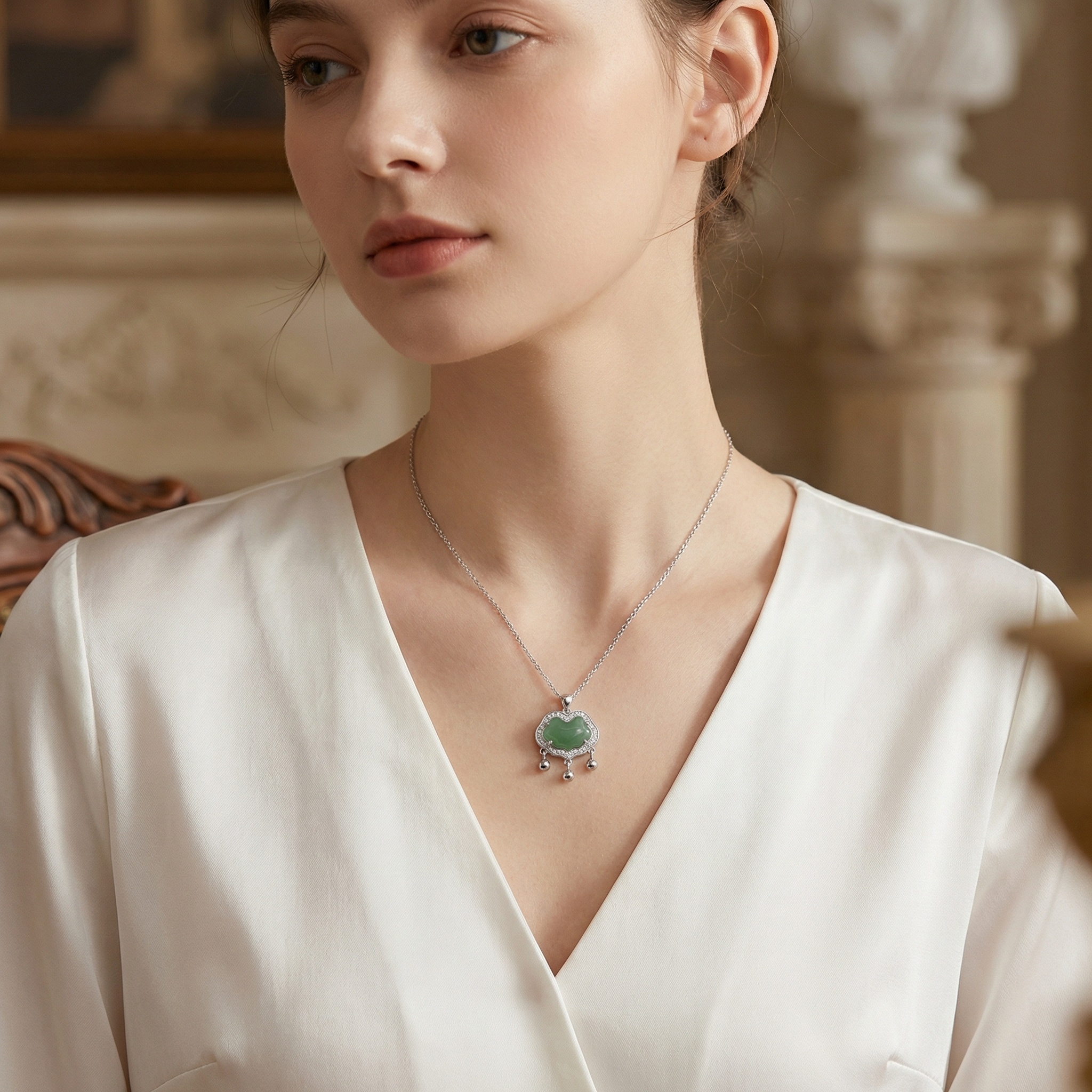 Sterling Silver Jade Lock Necklace, picture 2 of 3