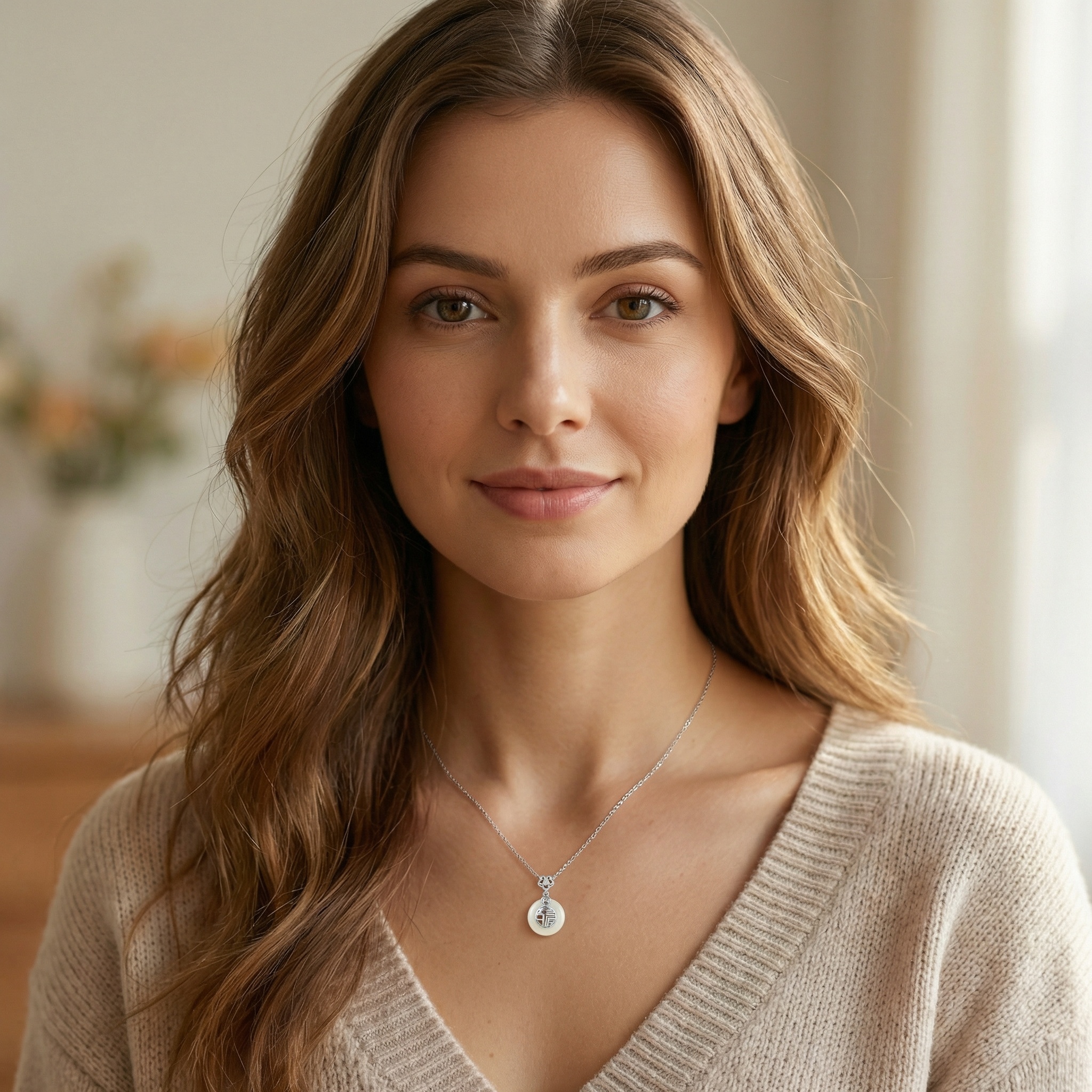 925 Sterling Silver Chinese "Fu" Blessing White Jade Circular Pendant Necklace in Sterling Silver 