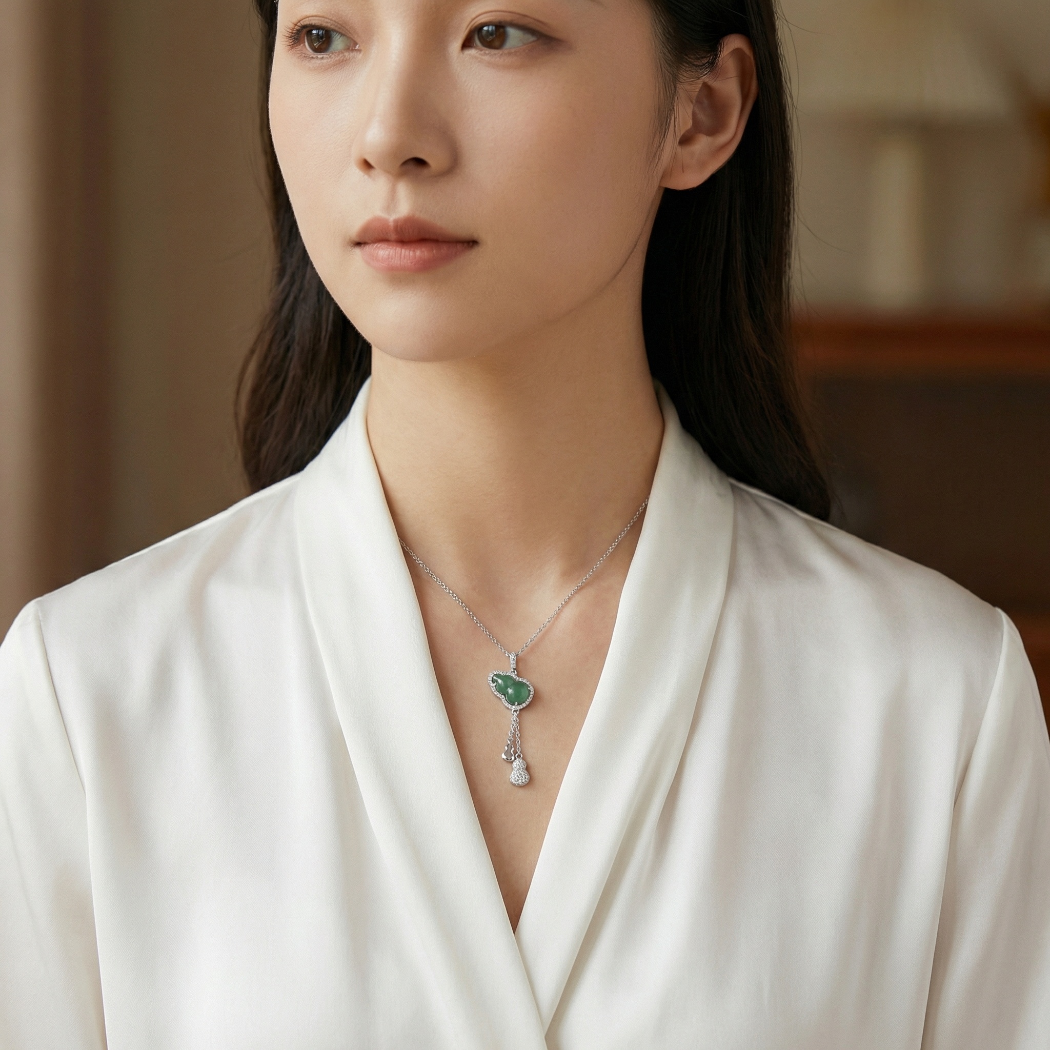 925 Sterling Silver Elegant Jadeite Gourd Pendant Necklace Featuring Sparkling Stone Accents and Dainty Hulu Charms 