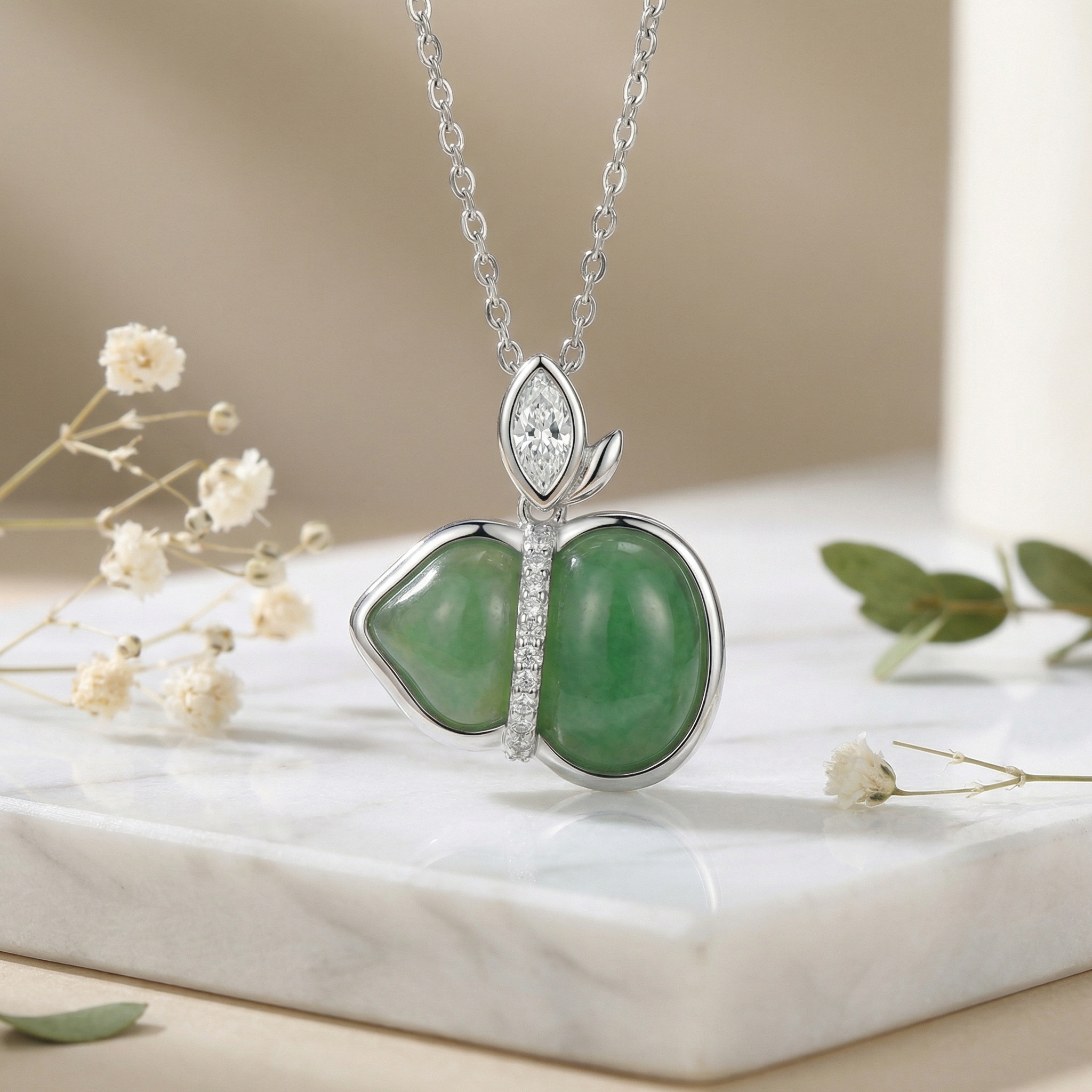Sterling Silver Jadeite Hulu Pendant Necklace, picture 3 of 3
