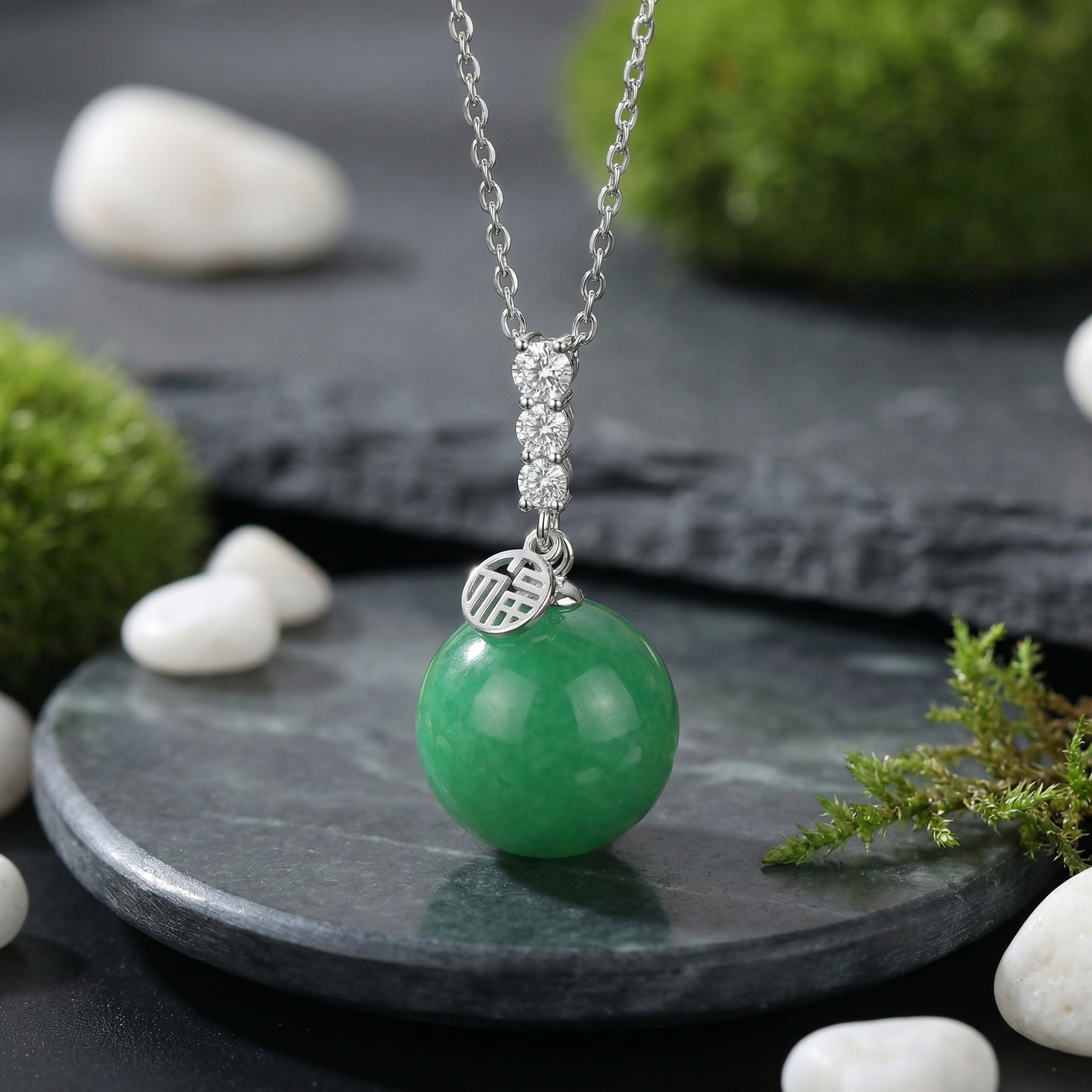 925 Sterling Silver Elegant Silver Green Jade Sphere Pendant Necklace with "Fu" Symbol and Sparkling Accents 