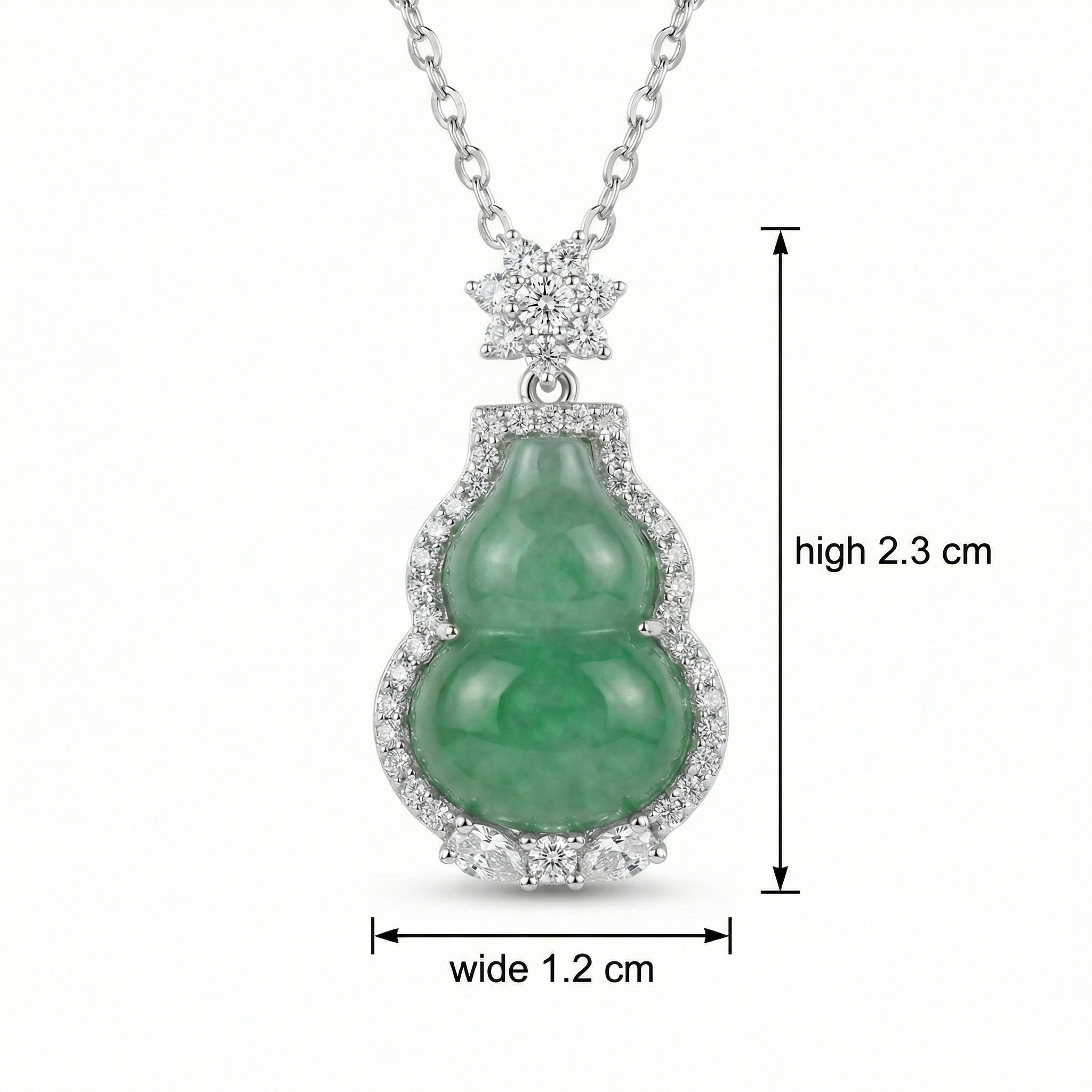 925 Sterling Silver Elegant Green Jade Gourd Pendant with Sparkling White Stone Halo and Floral Bale