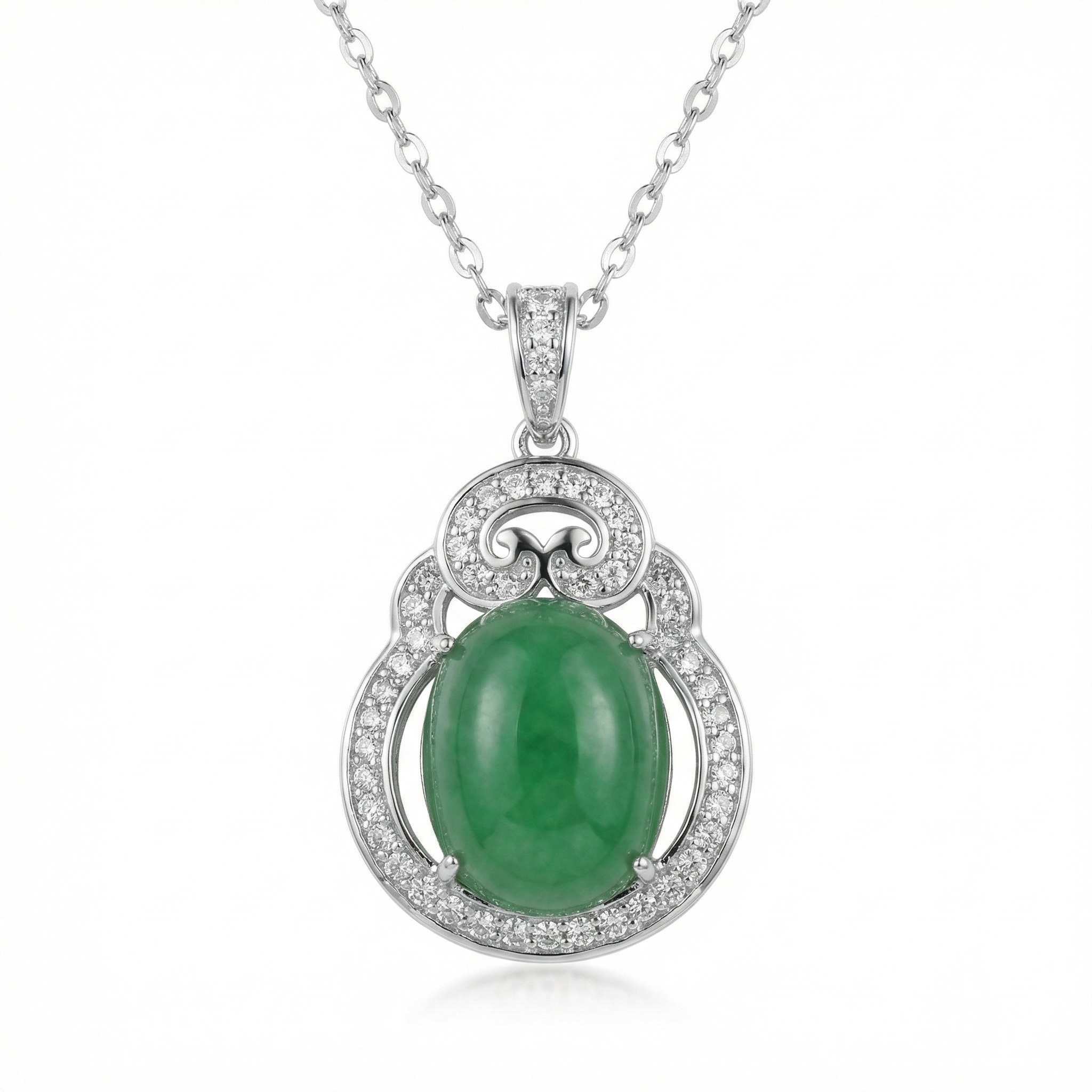 قلادة فضة إسترليني 925 بكابوشون يشم أخضر وإطار مرصع بالأحجار