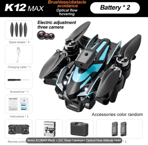 K12MAX Quadcopter Professional Drone, With ESC, Three Cameras, APP Image Transmission, Optical Flow Altitude Stabilization, One-click Takeoff And Landing, Brushless Motor, 360-degree Special Effect Re