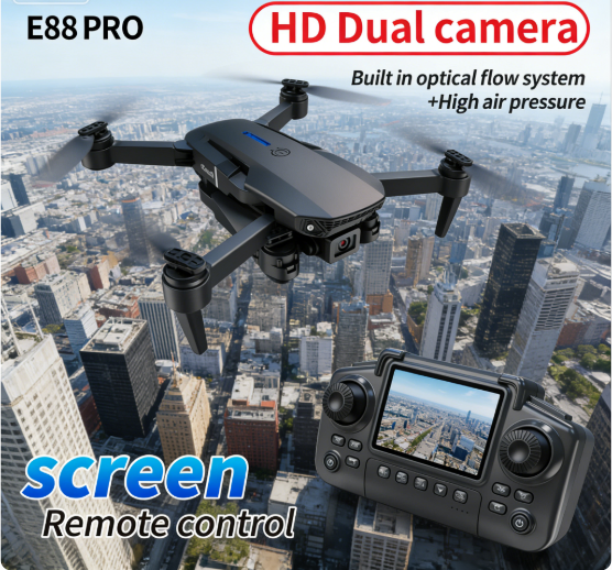 The E88 PRO Drone Is Equipped With A 4.91-inch Screen Controller, An SD Card, 2 Batteries, A Brushless Motor, Optical Flow Positioning, And Active Obstacle Avoidance Function. (Gray - 2 Batteries)