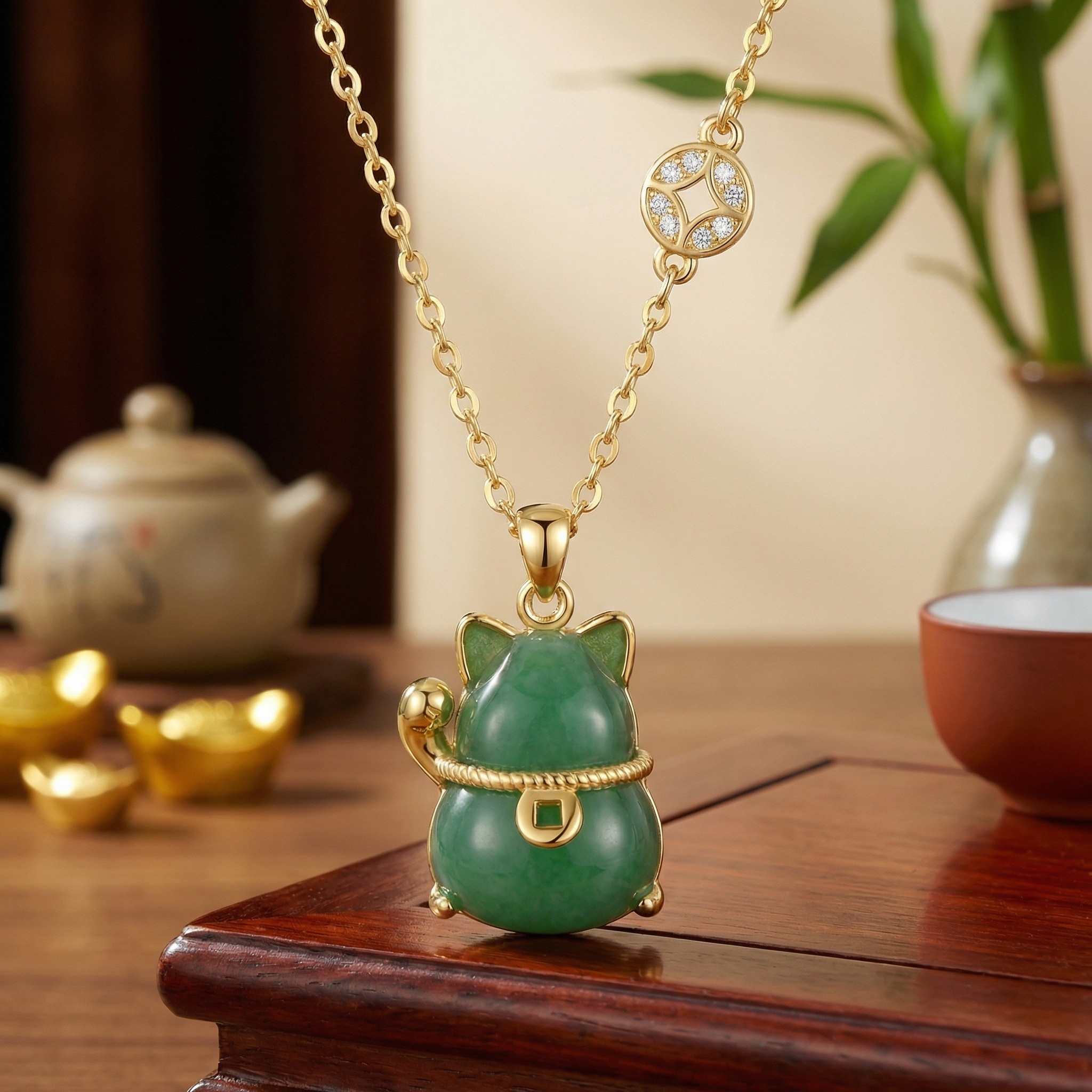 Sterling Silver Jadeite Lucky Cat Necklace, picture 3 of 3