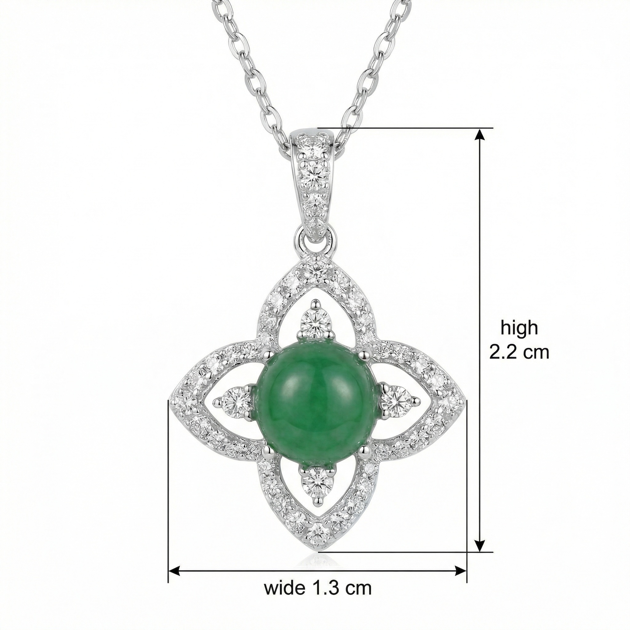 925 Sterling Silver Elegant Flower-Shaped Green Jade Pendant Necklace with Sparkling White Stone Accents