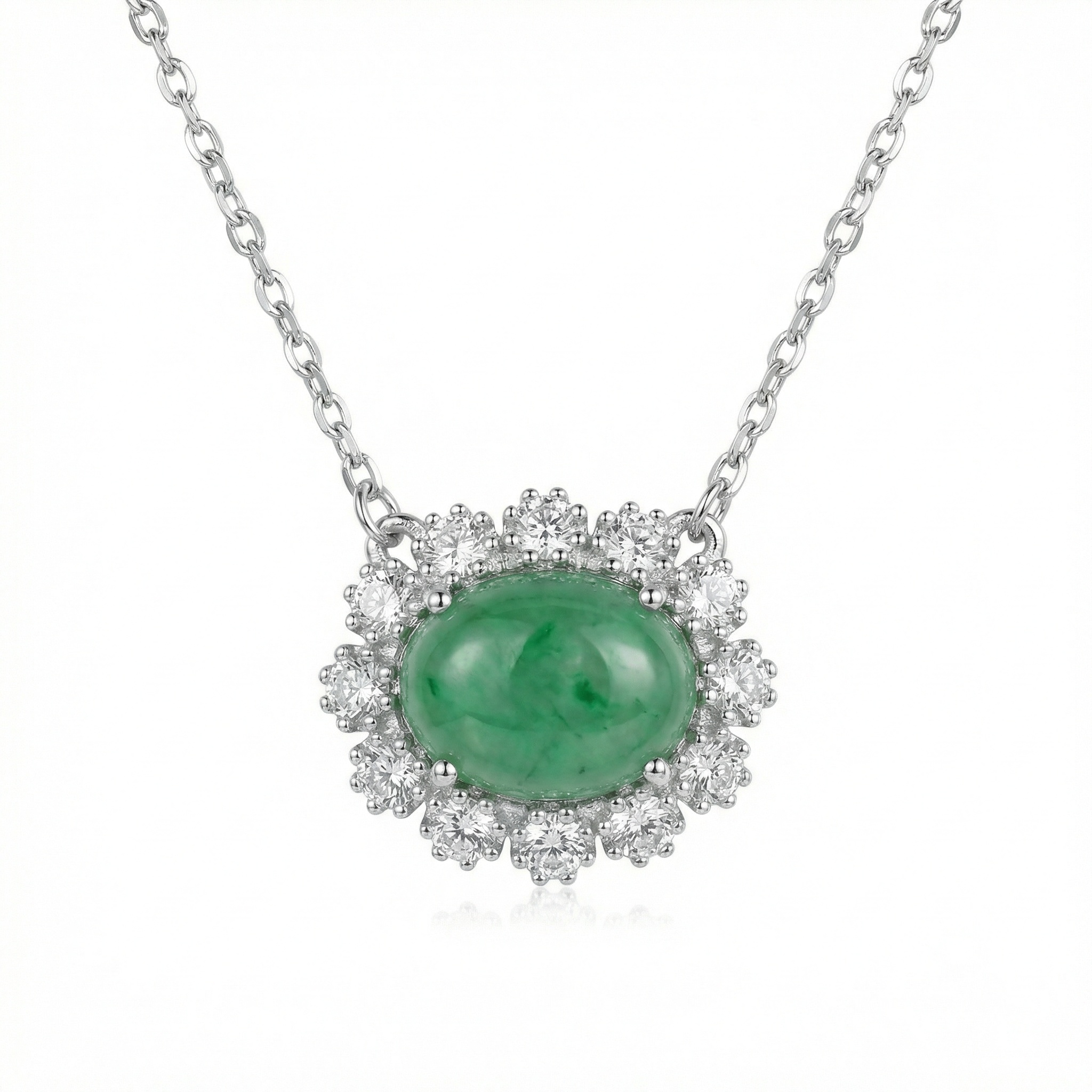 925 Sterling Silver Elegant Silver Necklace with Oval Green Jadeite Cabochon and Sparkling Gemstone Halo 