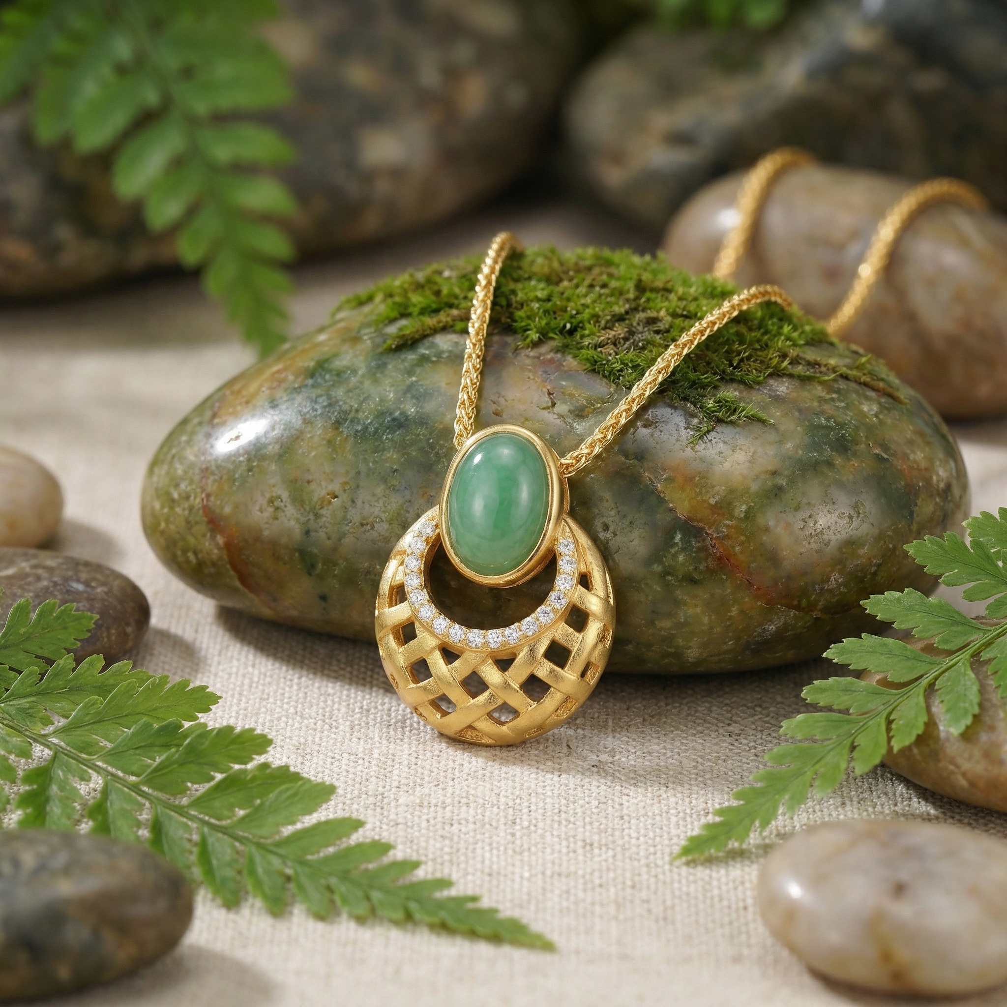 925 Sterling Silver Elegant Green Jade Oval Pendant Necklace with Intricate Lattice Weave and Sparkling Stones