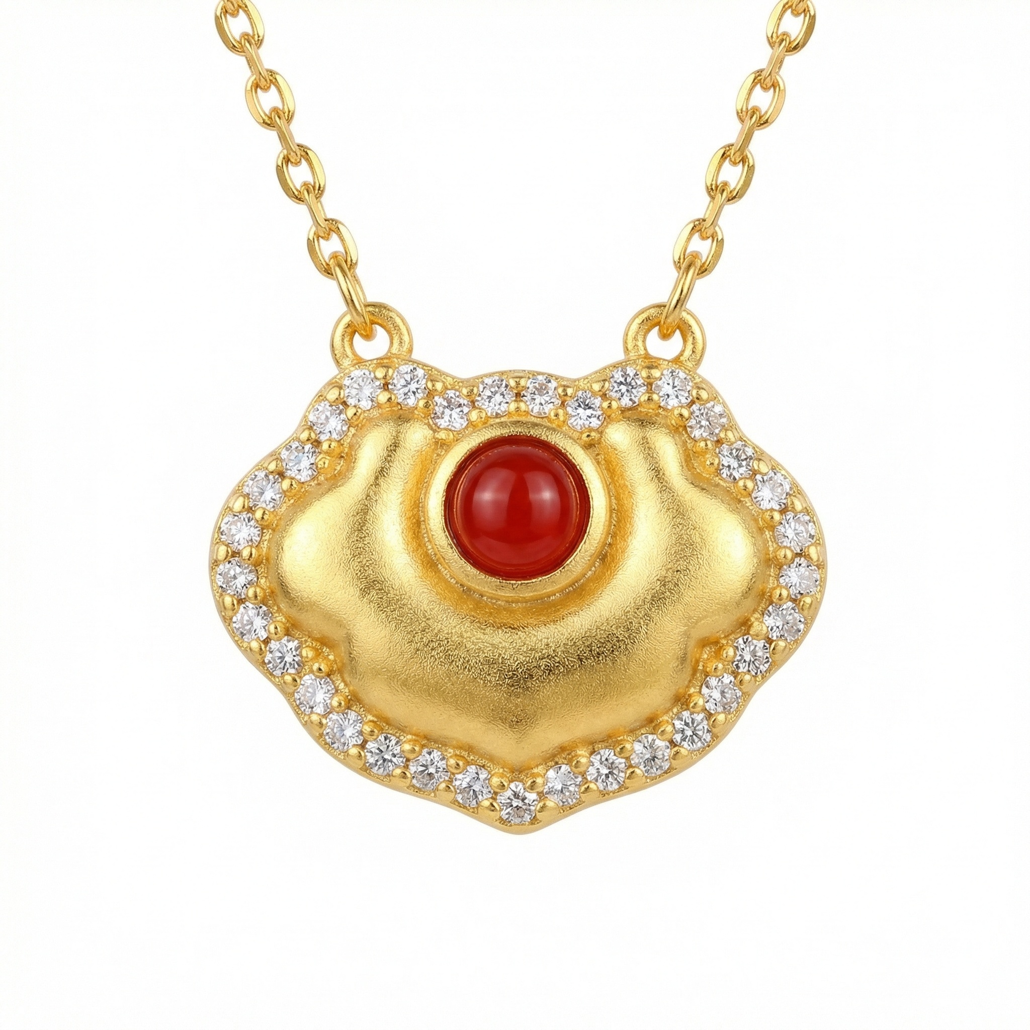 925 Sterling Silver Elegant Longevity Lock Necklace Featuring a Vibrant Crimson Cabochon and Shimmering Crystal Halo 