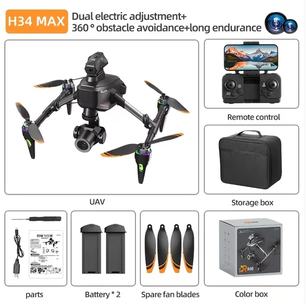 2026 Model H34 High-definition Aerial Photography Drone (brushless Version) Electrically Adjustable Dual Lenses 360° Obstacle Avoidance System, Bidirectional Electric Stabilization Control System (2 E
