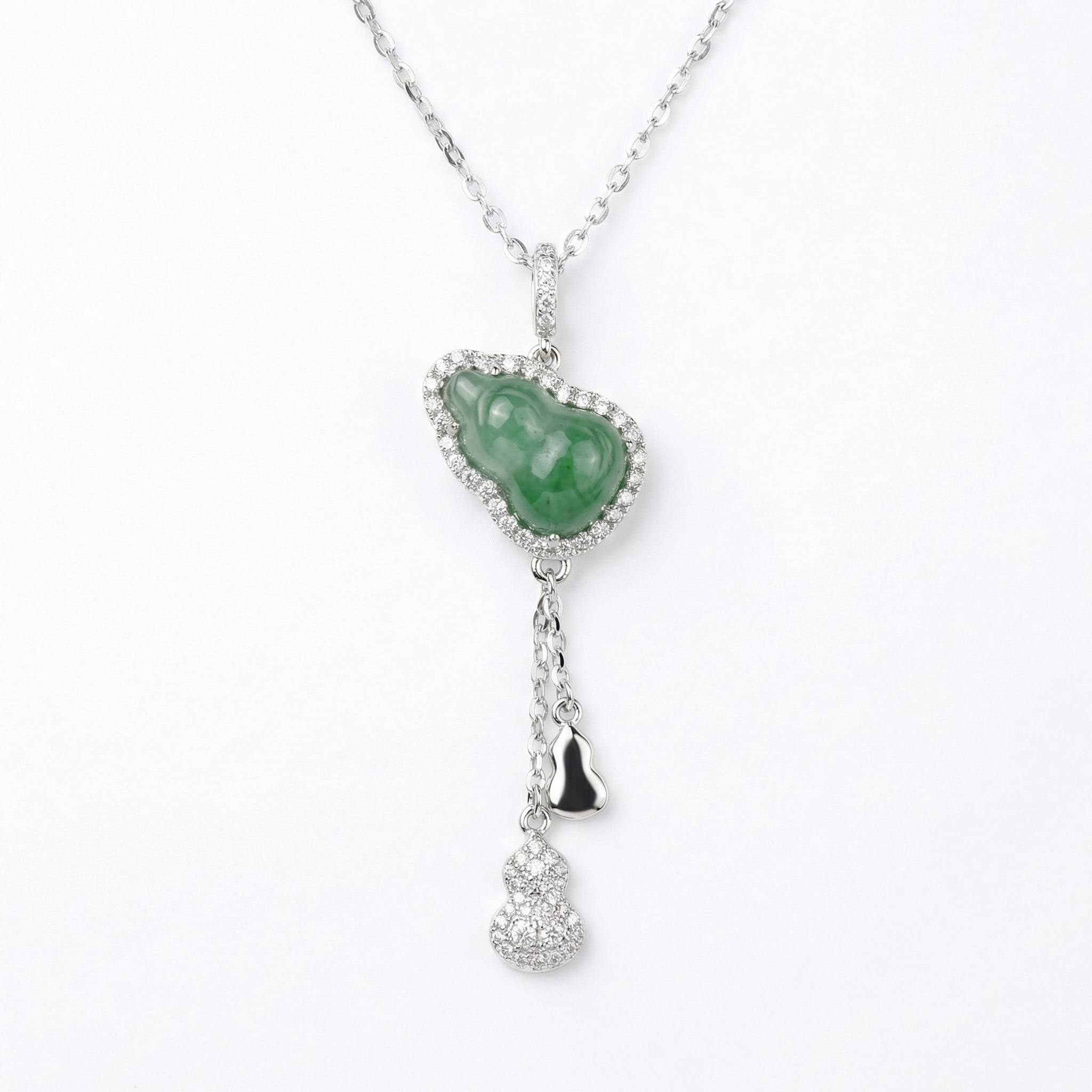 925 Sterling Silver Exquisite Green Jade Gourd Pendant Necklace with Diamond Pavé and Dangling Charms 