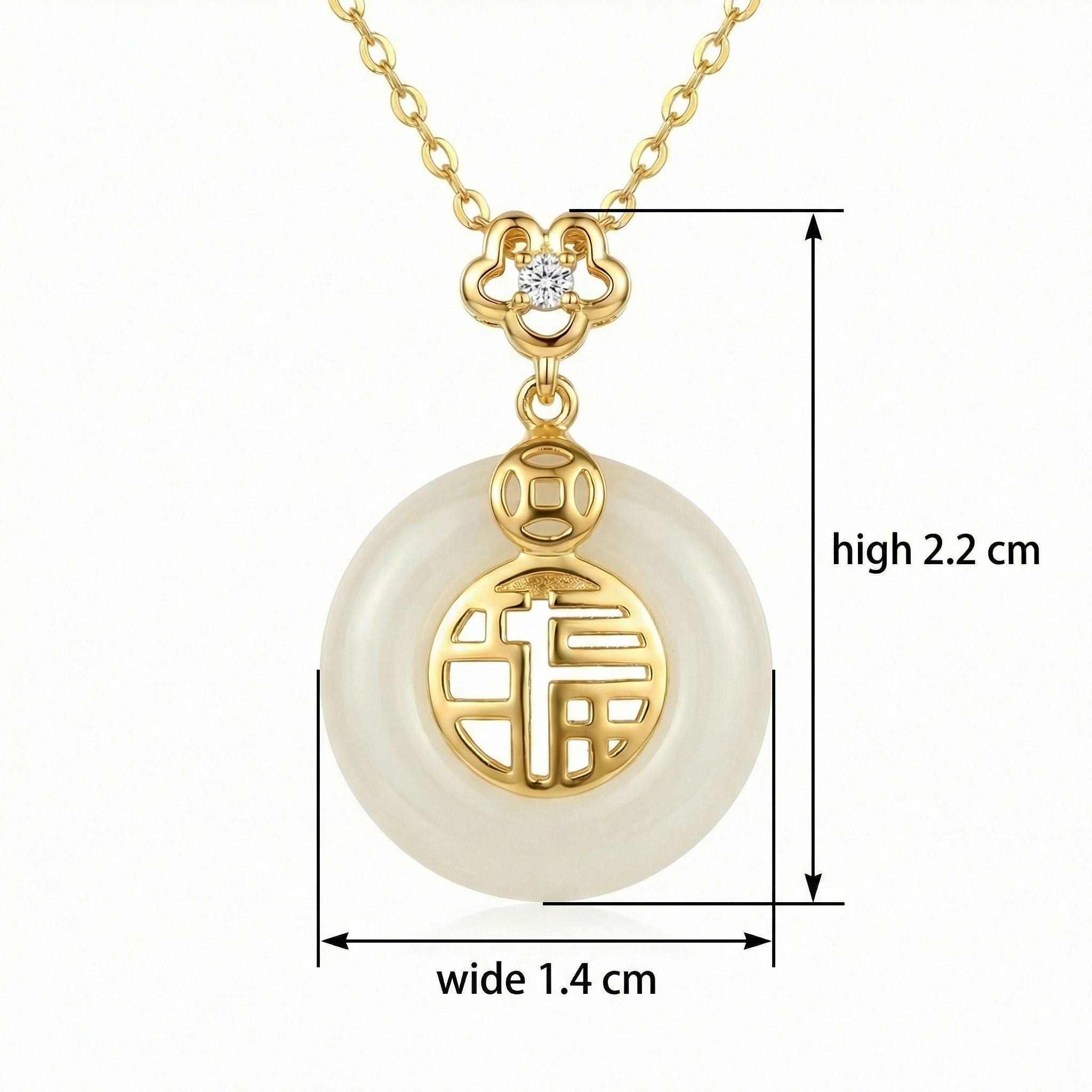 925 Sterling Silver White Jade Prosperity Disc Necklace with Fortune Symbol and Sparkling Floral Gemstone Detail