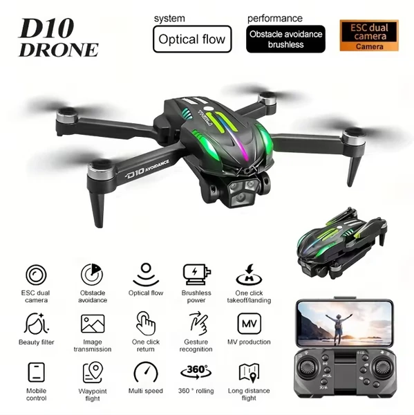 D10 Remote Control Obstacle Avoidance Drone, Gradient Flow Technology, Integrated Four-Directional Obstacle Avoidance System, Brushless Motor And Optical Flow Electronic Speed Controller