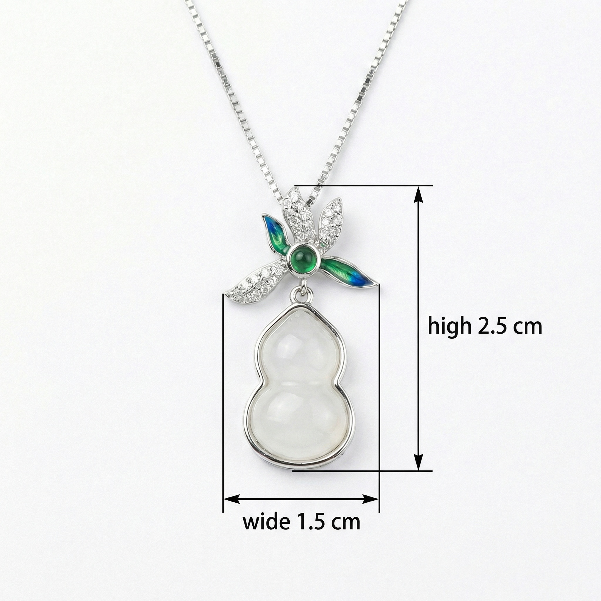925 Sterling Silver Exquisite White Jade Gourd Pendant Necklace with Enamel Floral Accents and Sparkling Details 